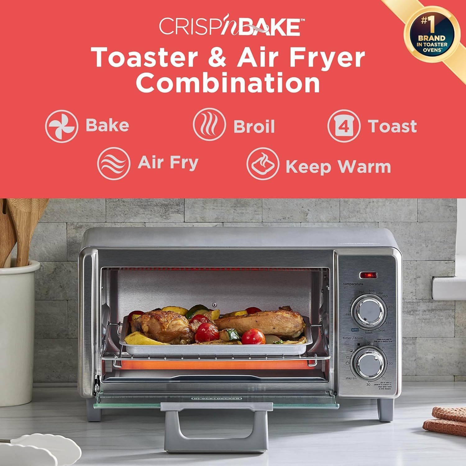 Crisp 'n Bake toaster and air fryer combination with food inside, on a kitchen counter.