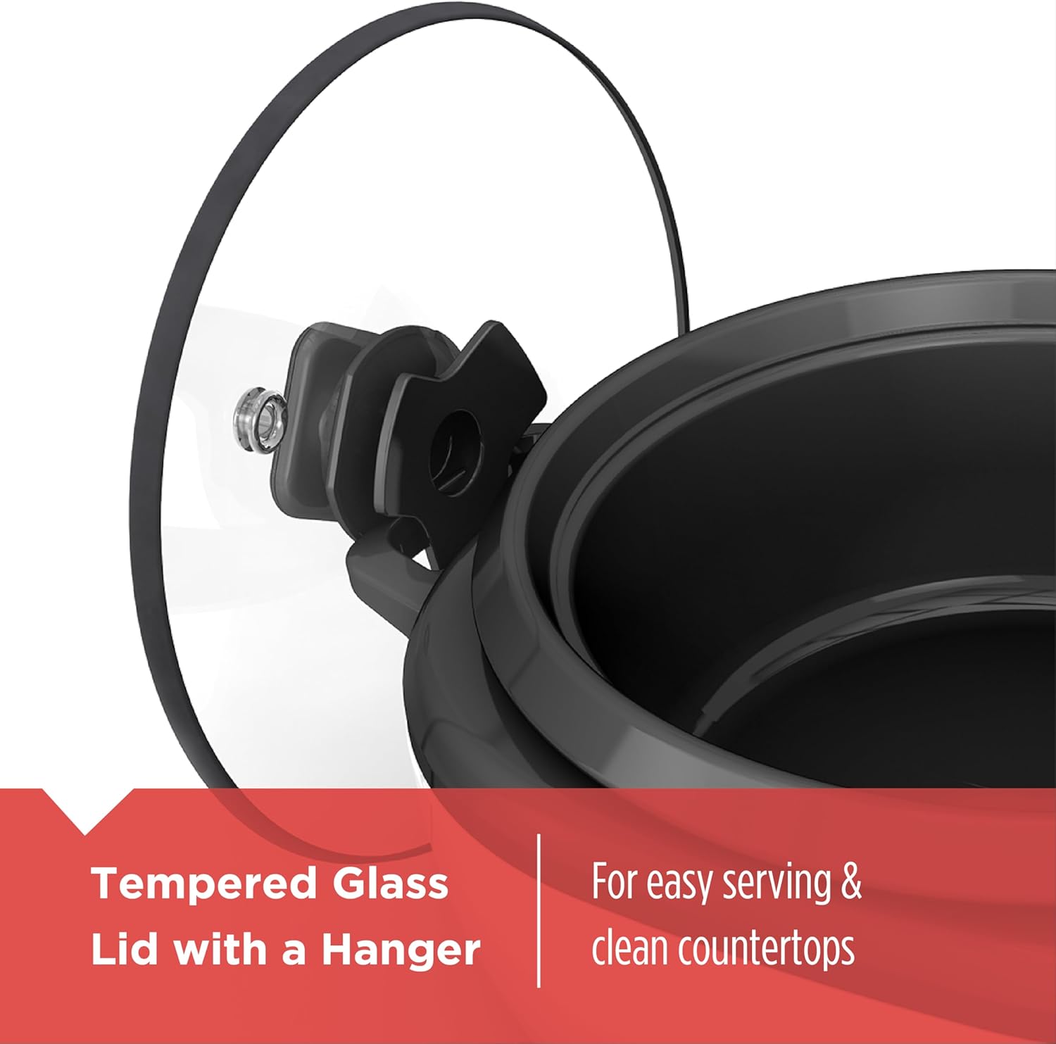 Black pot with tempered glass lid and hanger on a white background