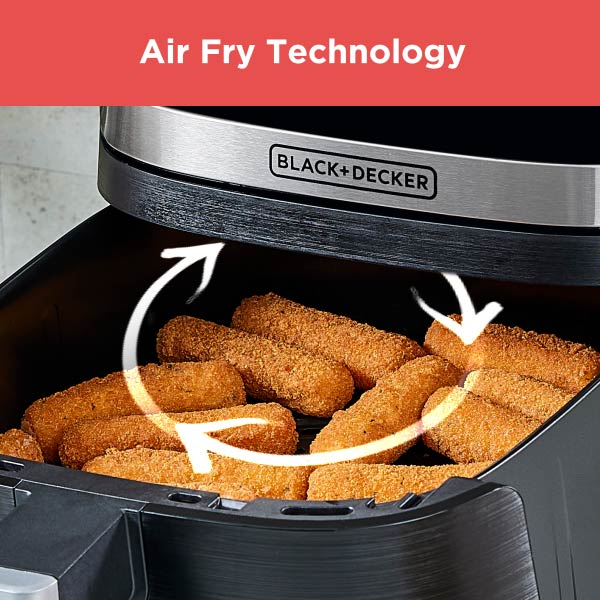 Black+Decker air fryer with fried food inside, highlighting air fry technology.