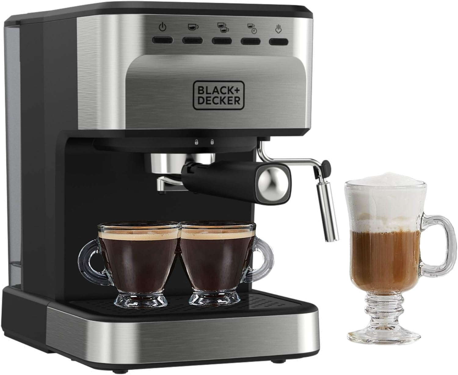 Black+Decker espresso machine with two cups of coffee and a glass of latte on a white background
