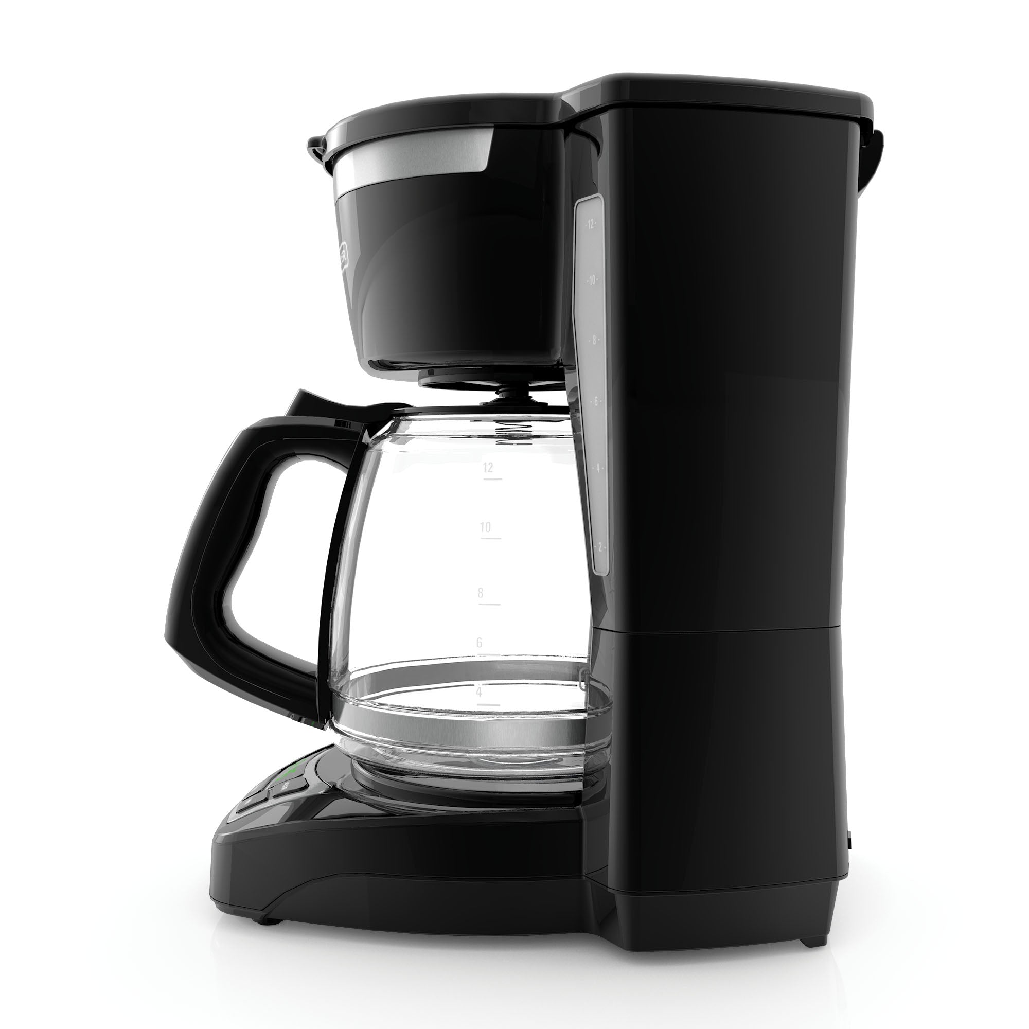 Black coffee maker with clear glass carafe on a white background