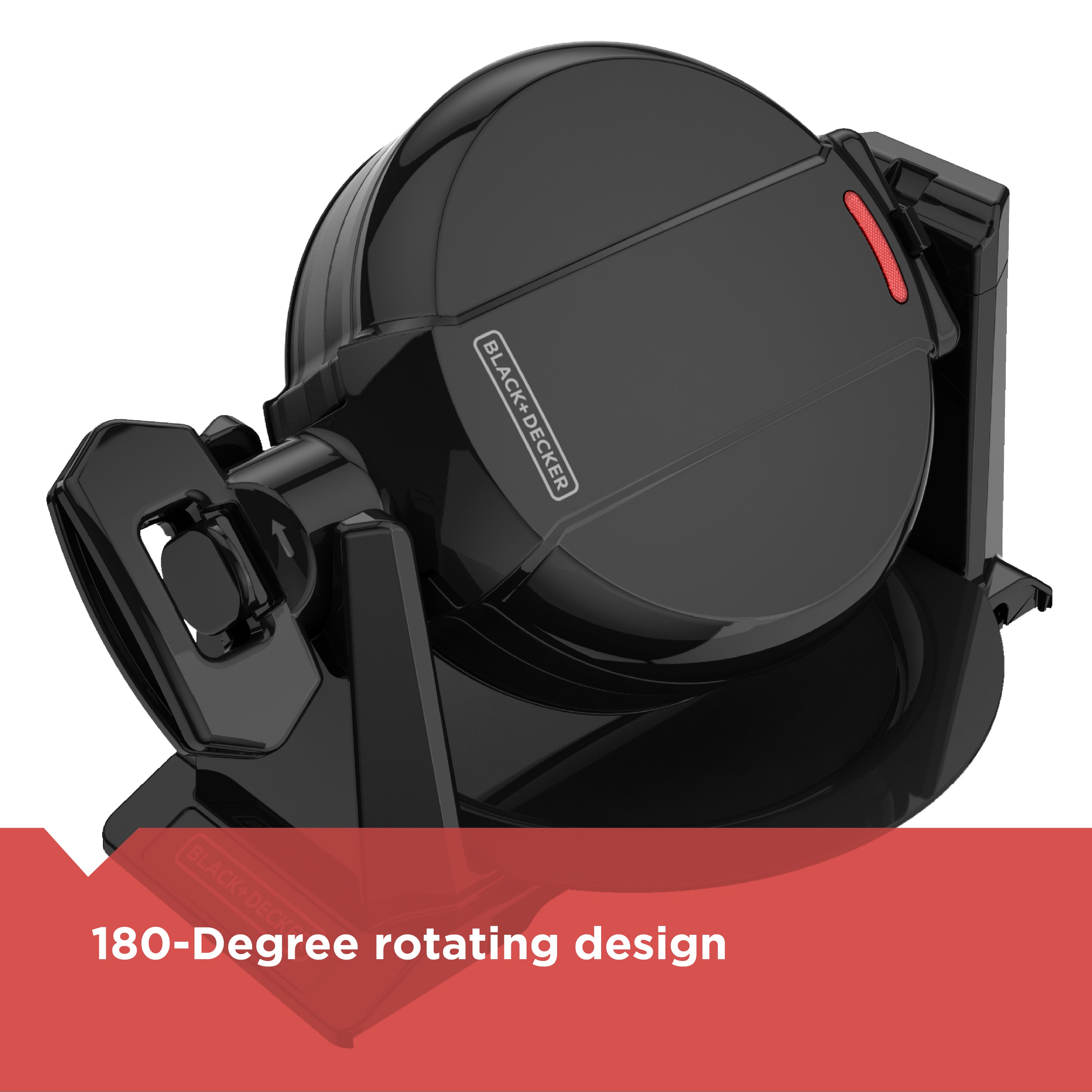 Black Waffle maker with 180-degree rotating design on a white background