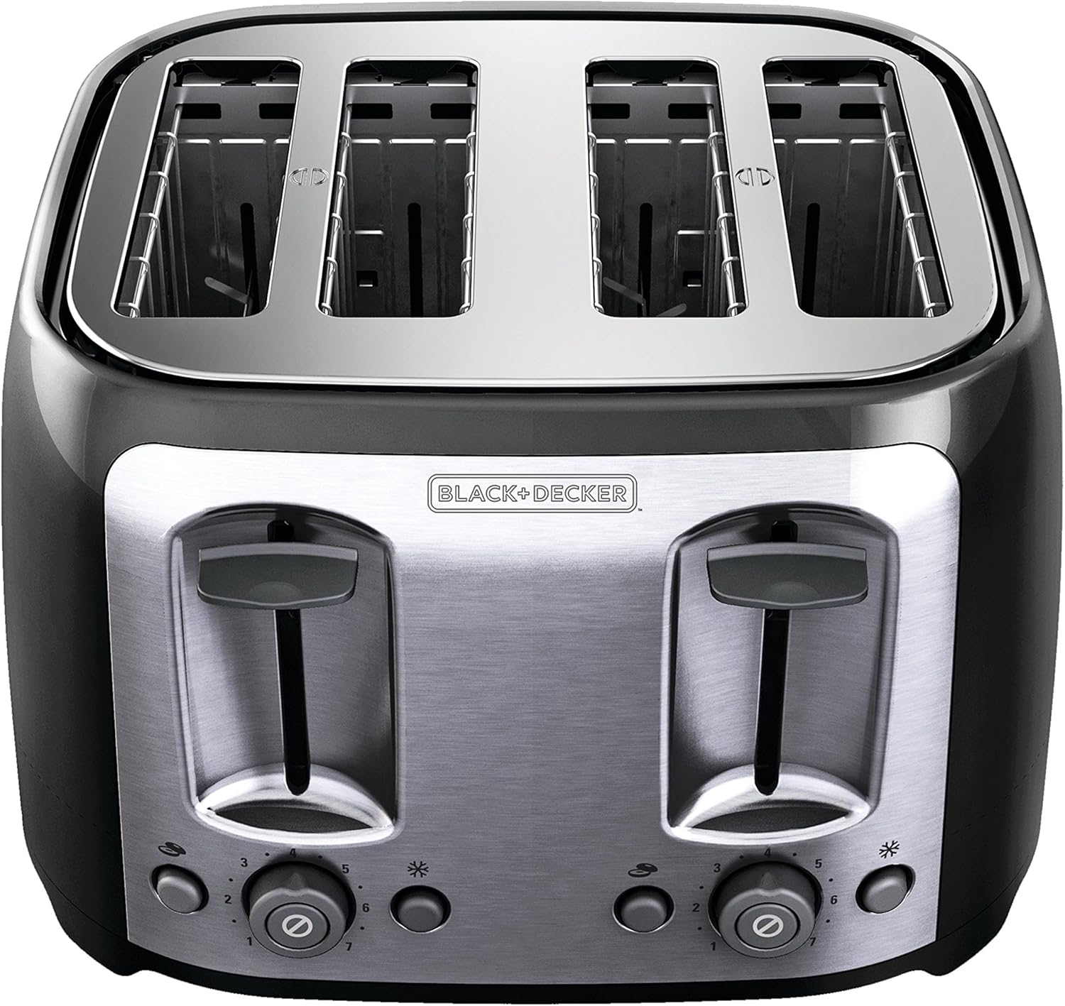 Black+Decker toaster with four slices of bread in the slots on a white background