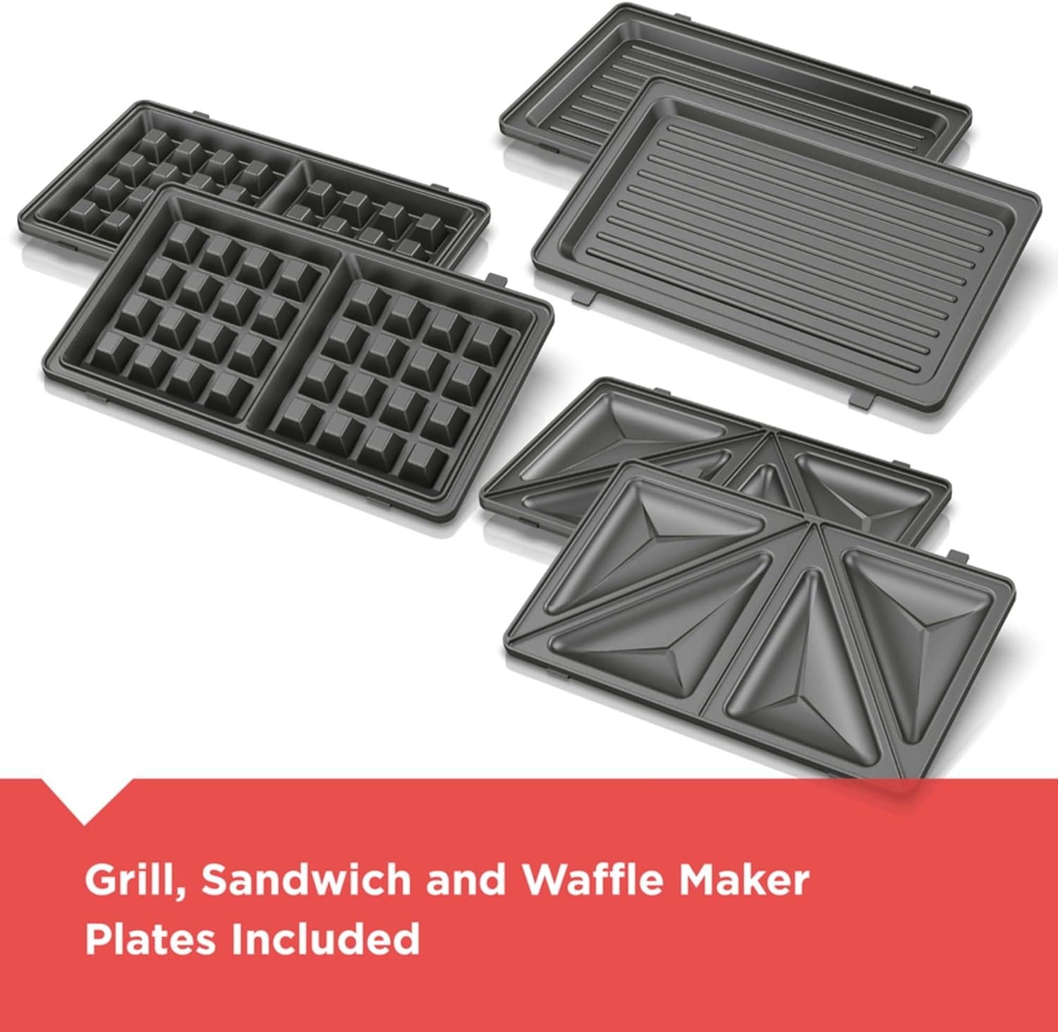 Set of grill, sandwich, and waffle maker plates on a white background with a red banner at the bottom.