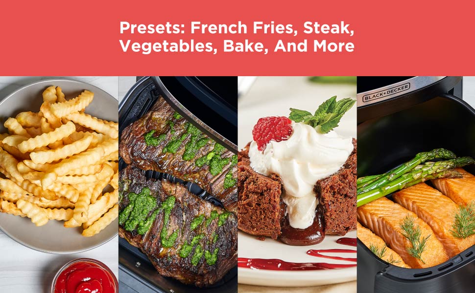 Collage of food images with text about presets for French Fries, Steak, Vegetables, and Bake.
