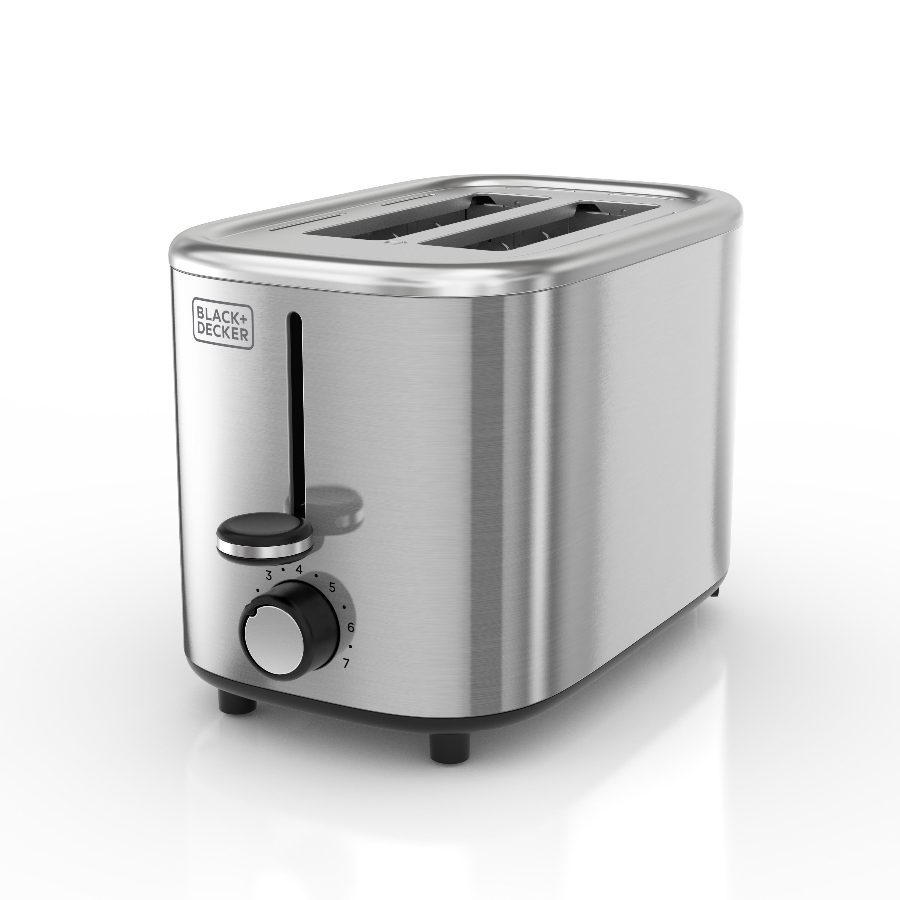 Stainless steel toaster with Black+Decker logo on a white background