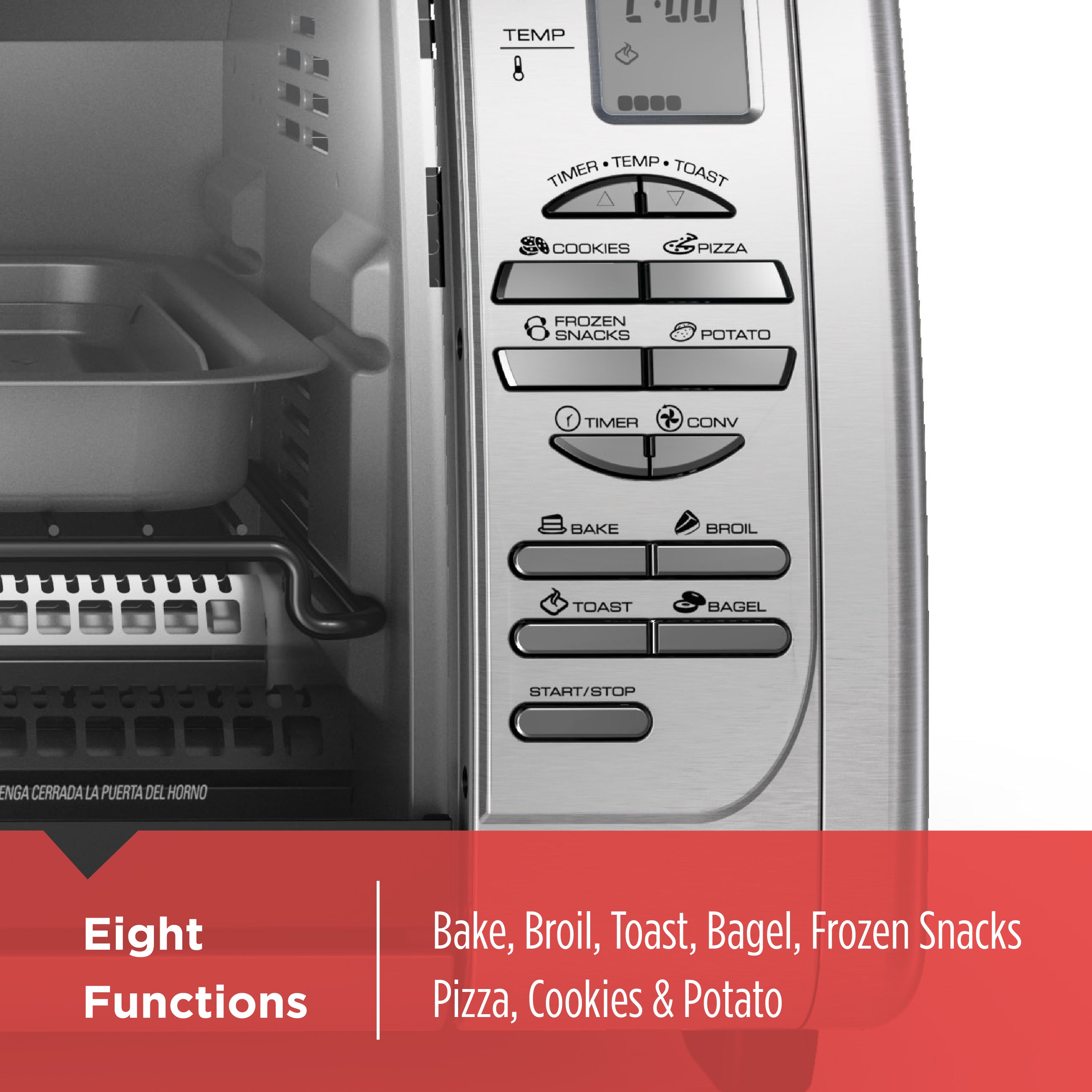 Multifunctional oven with control panel and text highlighting features on a red background
