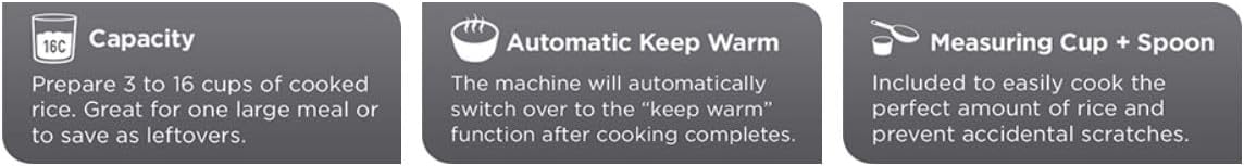 Product features with icons and text on a white background