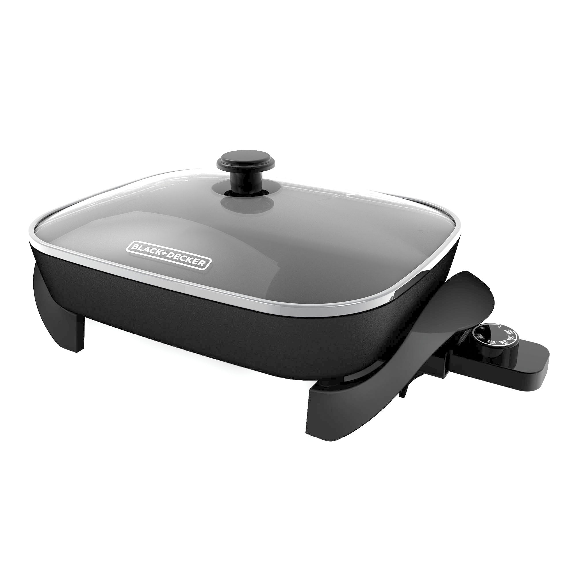 Black and Decker electric skillet with glass lid on a white background