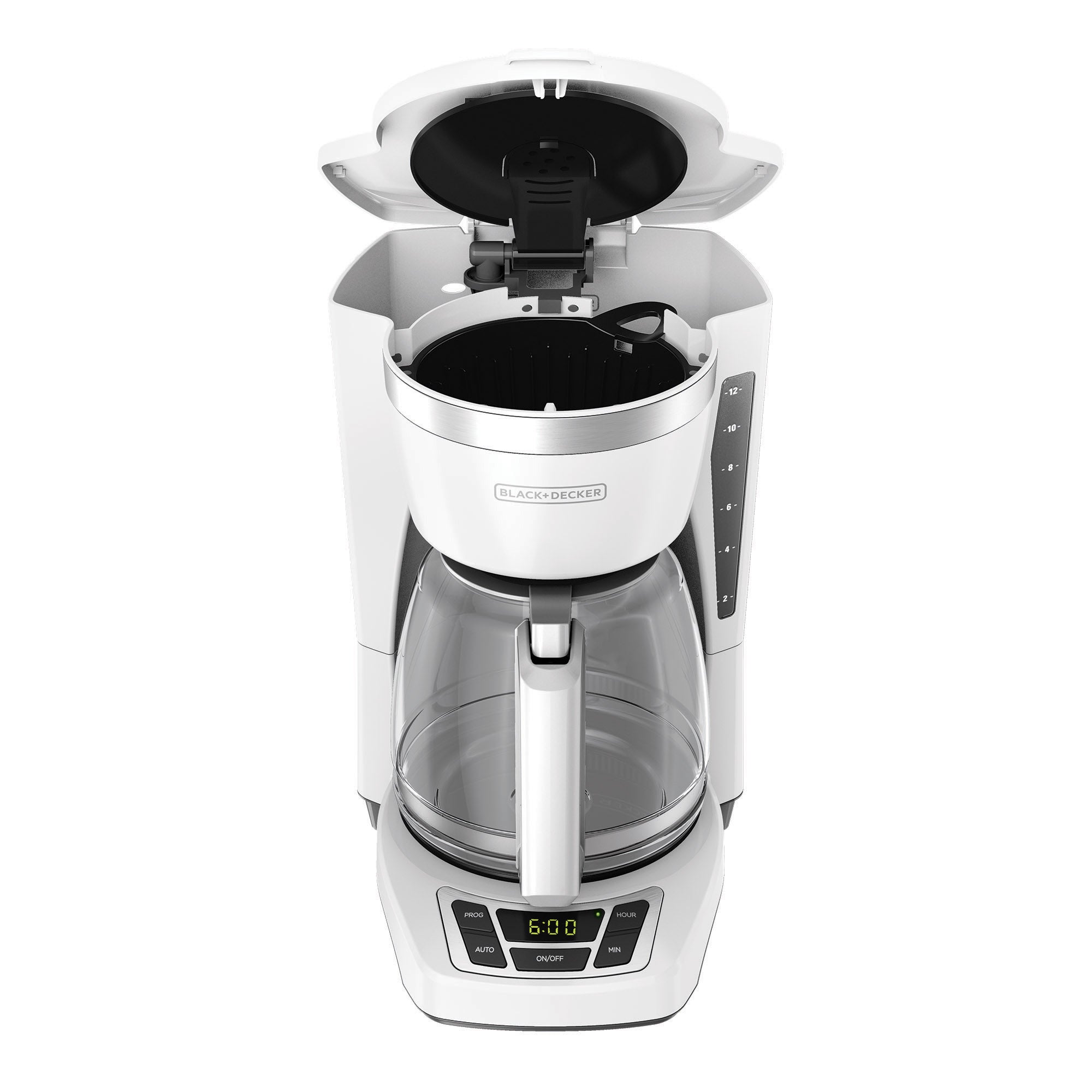 White coffee maker with clear glass carafe on a white background