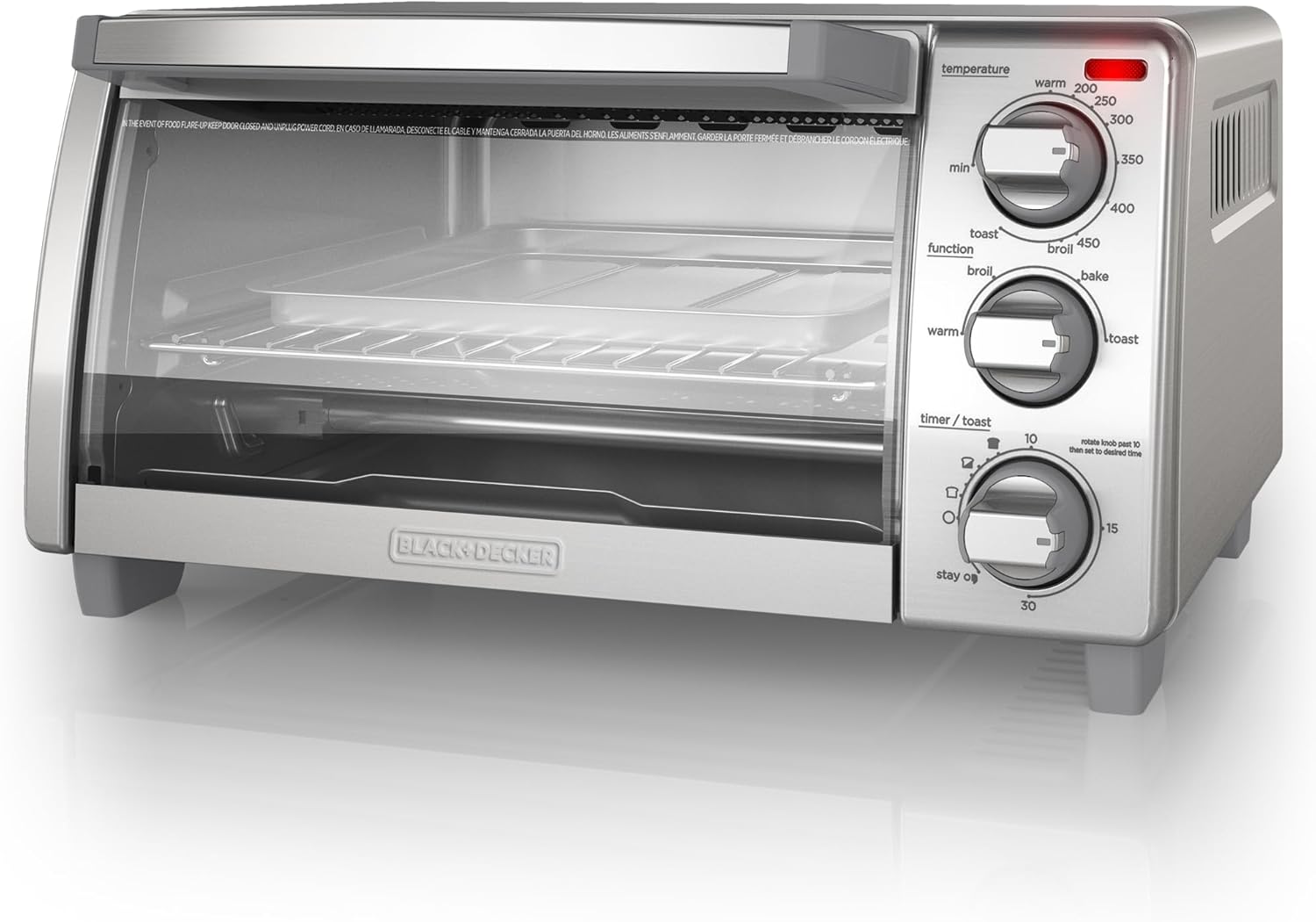 Silver toaster oven with glass door on a white background