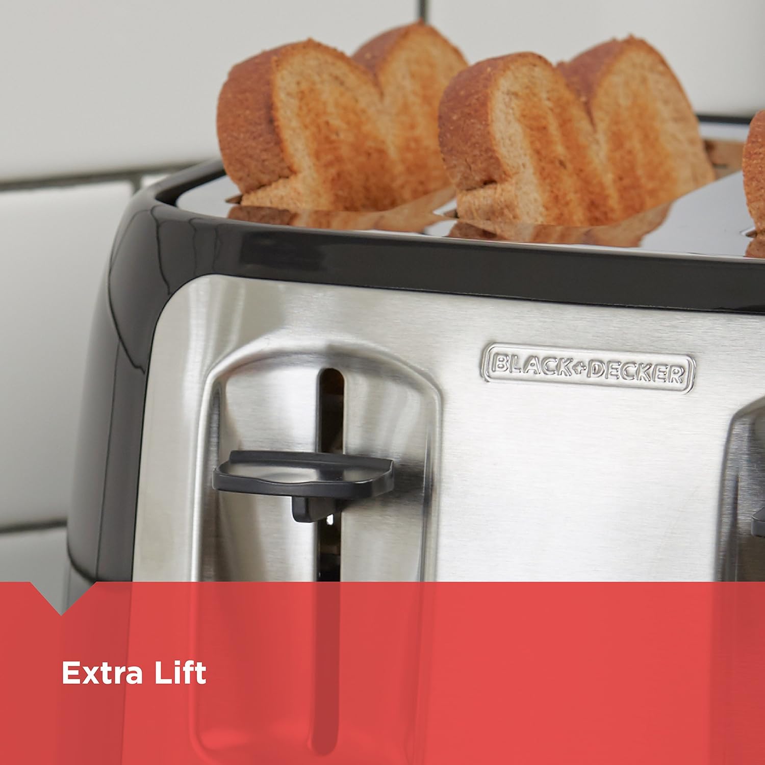 Black+Decker toaster with bread slices on a white background