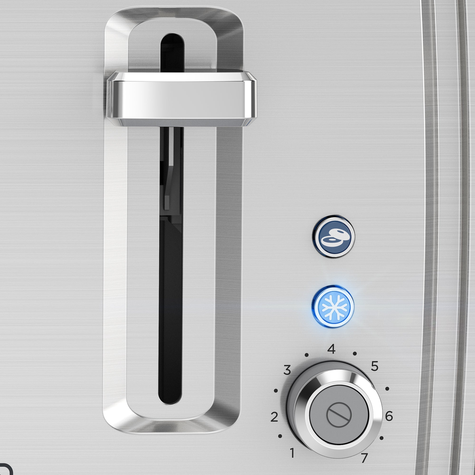 Metallic shower control panel with buttons and a handle on a light gray background