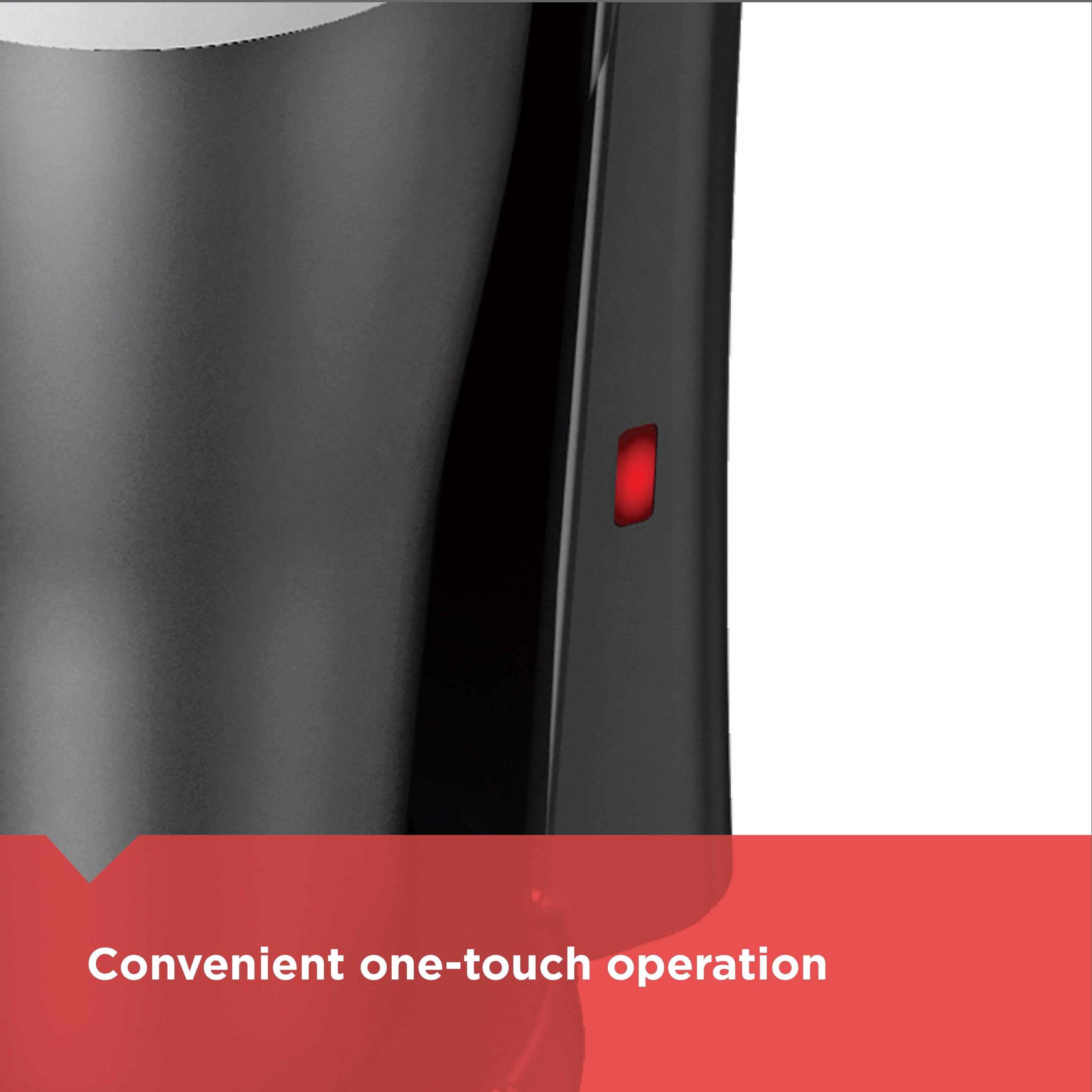 Close-up of a car door with a red indicator light and text 'Convenient one-touch operation' on a red background.
