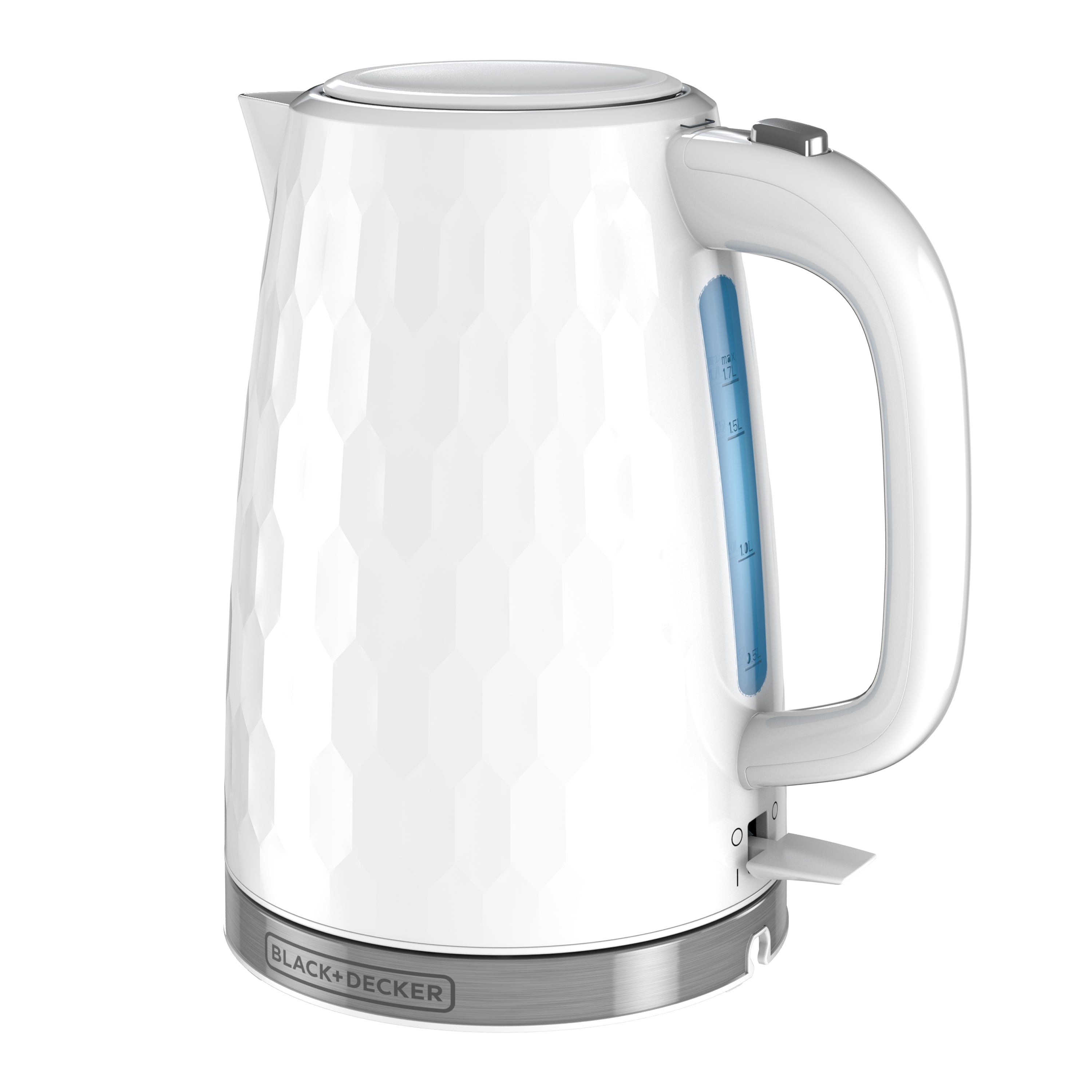 White electric kettle with blue handle on a white background, featuring the Black+Decker brand.
