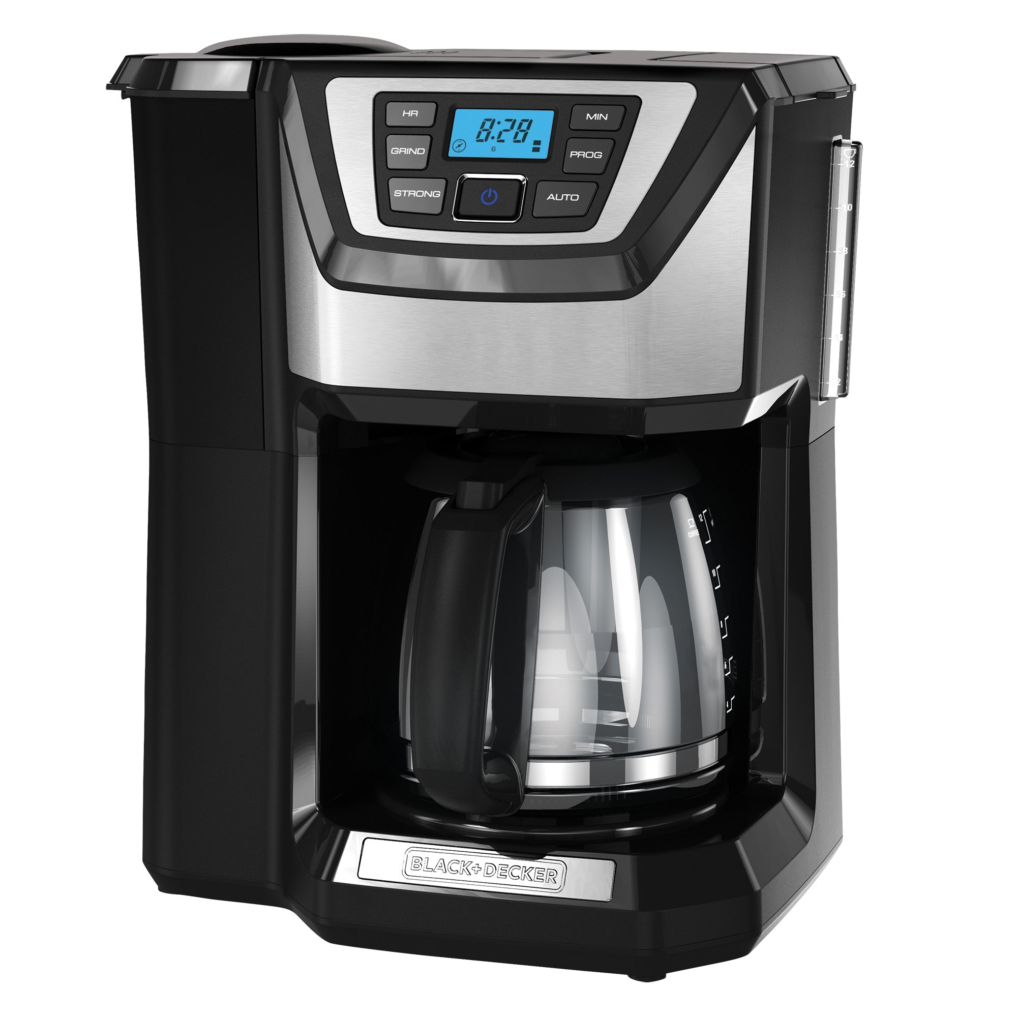 Black and silver Black & Decker coffee maker on a white background