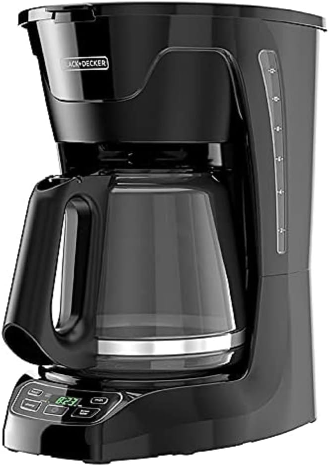 Black coffee maker with digital display on a white background