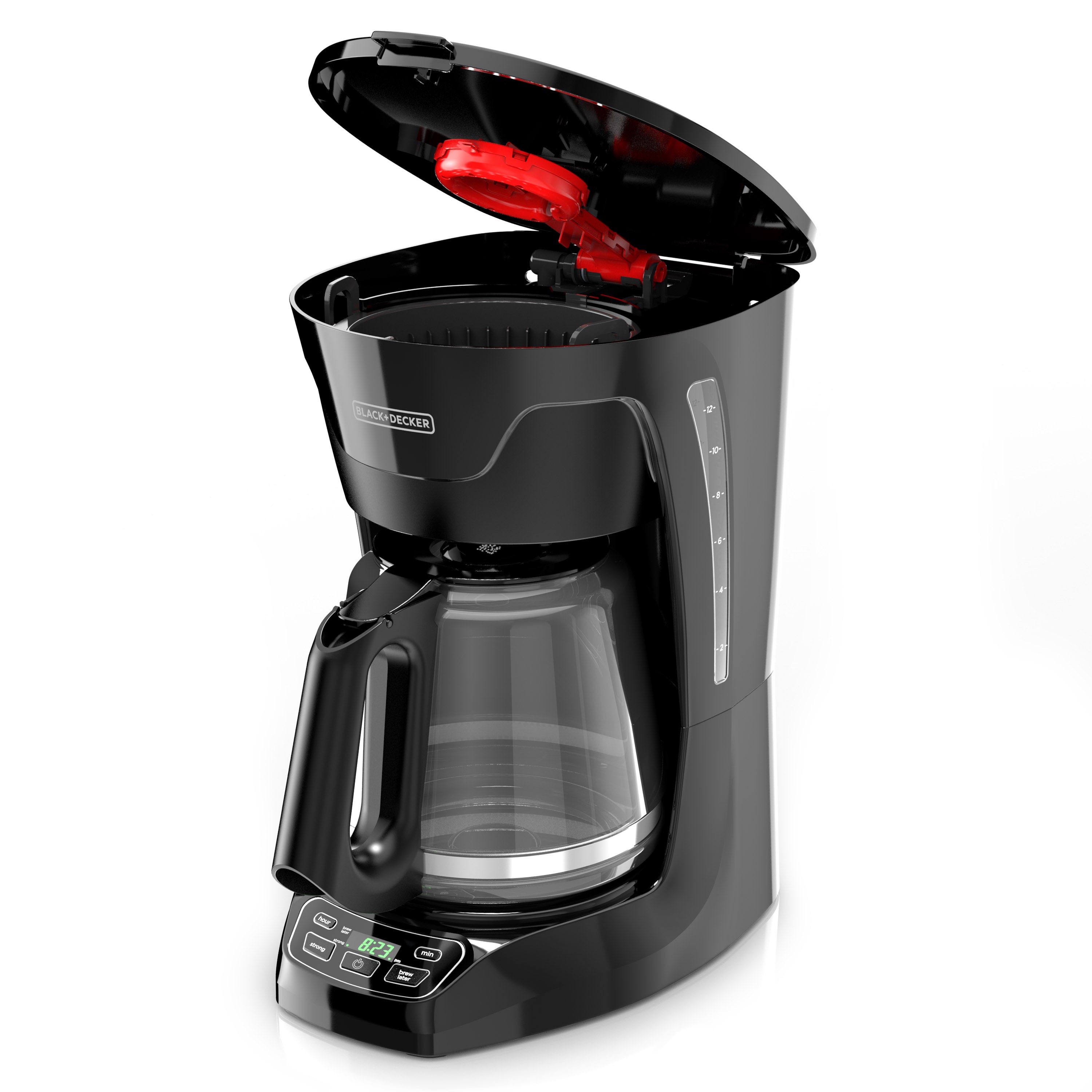 Black coffee maker with open lid on a white background