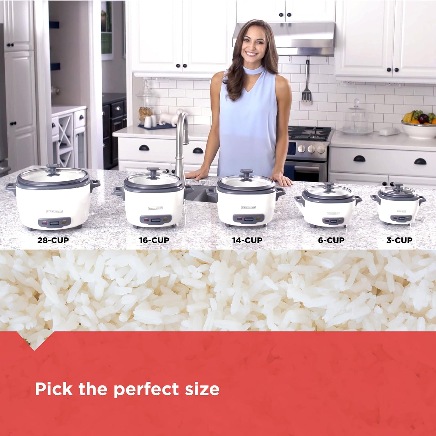Woman standing in a kitchen with five rice cookers of different capacities, labeled from 3 to 28 cups.