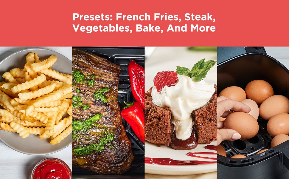 Collage of food images with text about presets for French fries, steak, vegetables, and more.