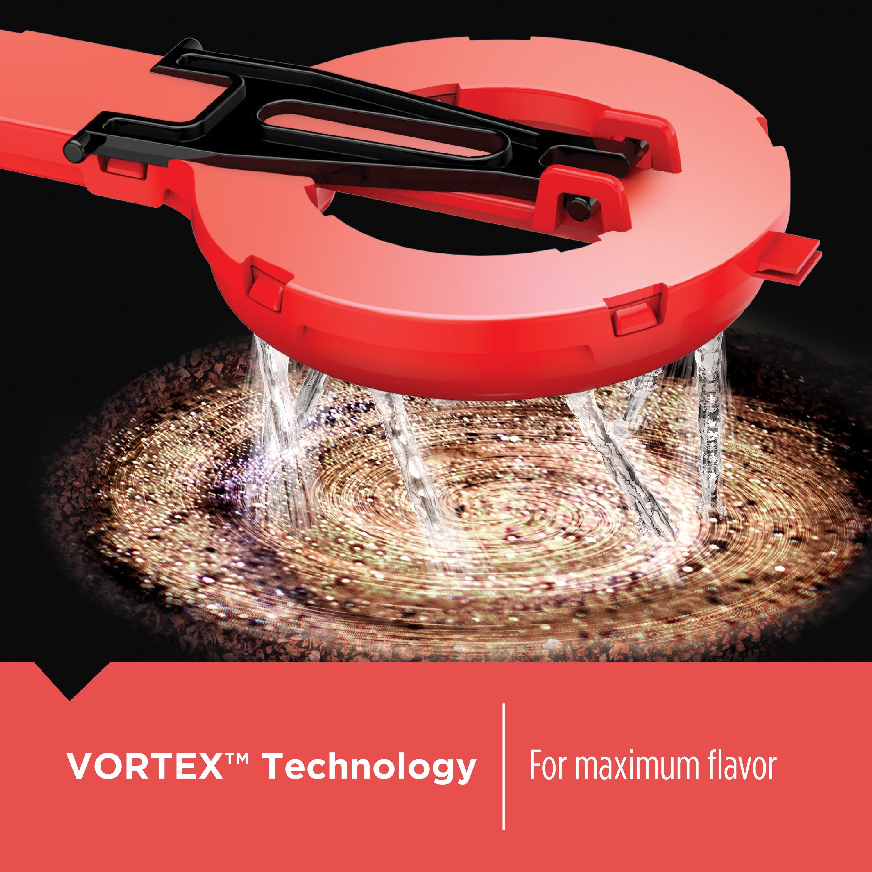 Red kitchen tool with vortex technology in action on a black background