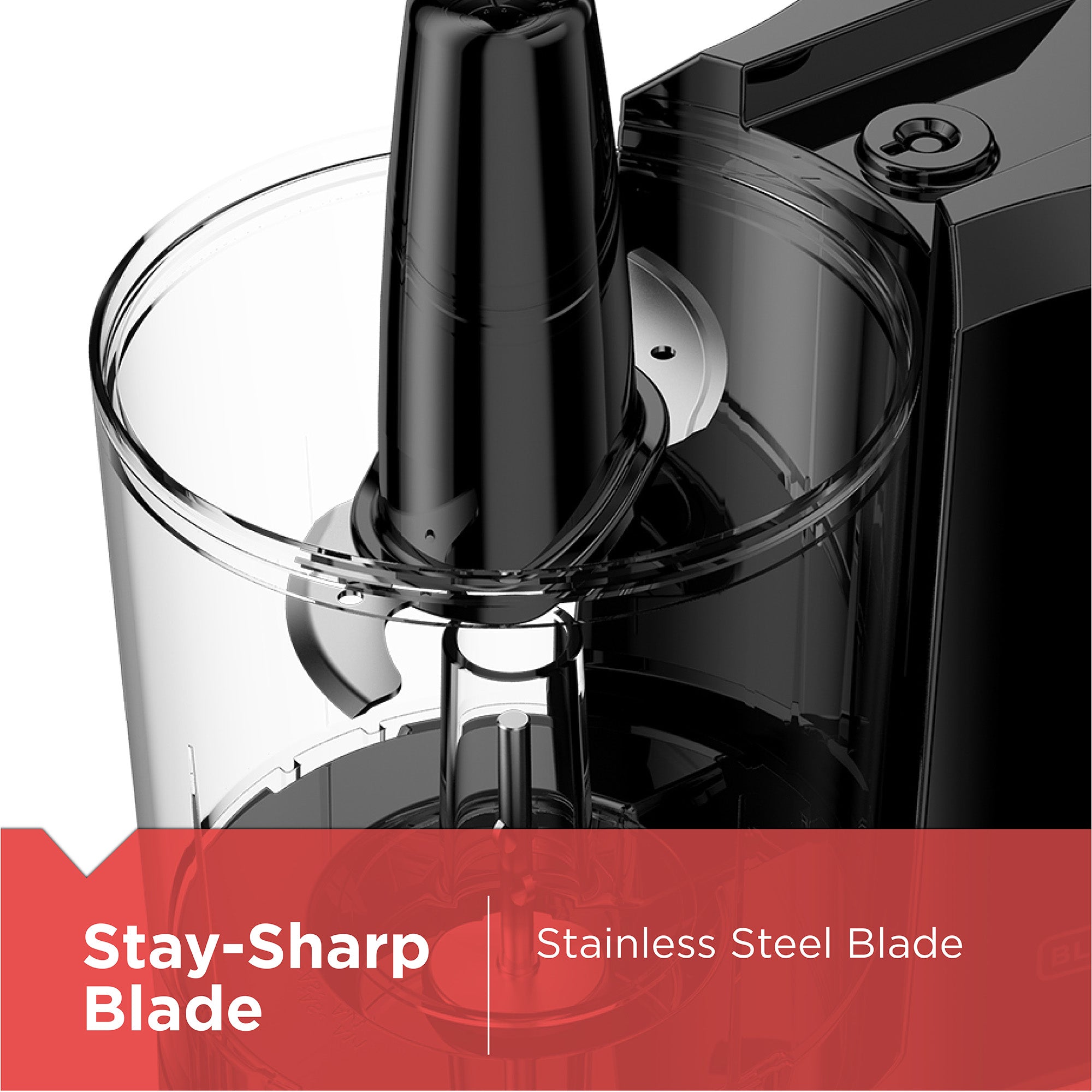 Close-up of a food processor with a clear container and black blade, featuring text 'Stay-Sharp Blade' and 'Stainless Steel Blade'.