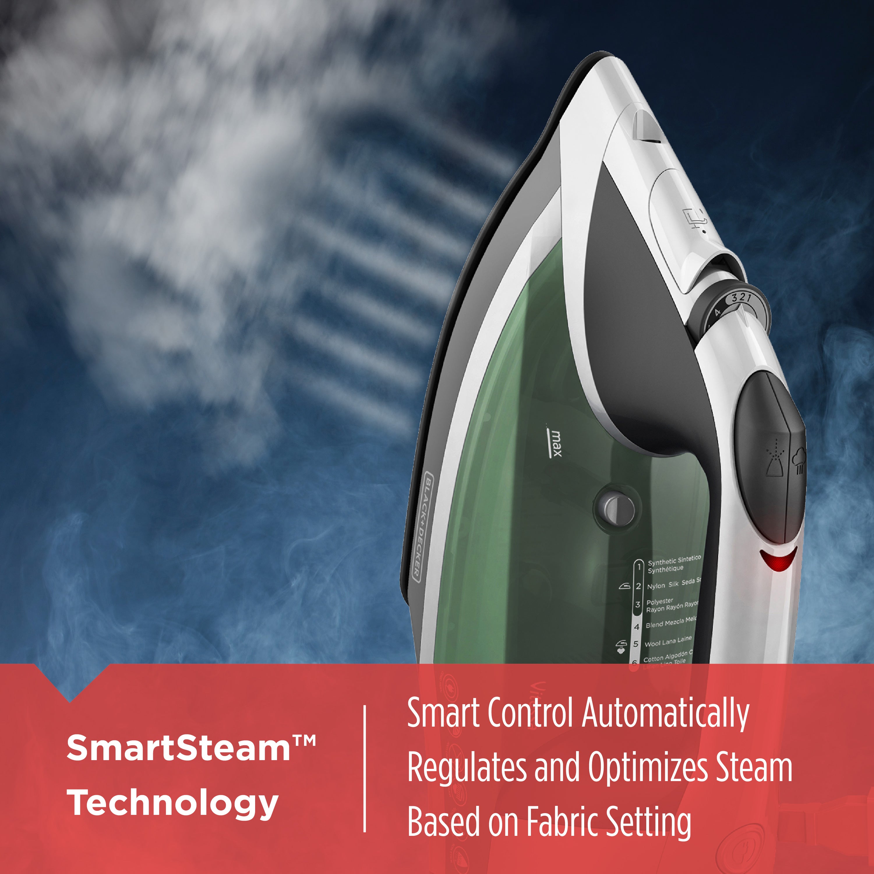 Steam iron with SmartSteam Technology on a blue background