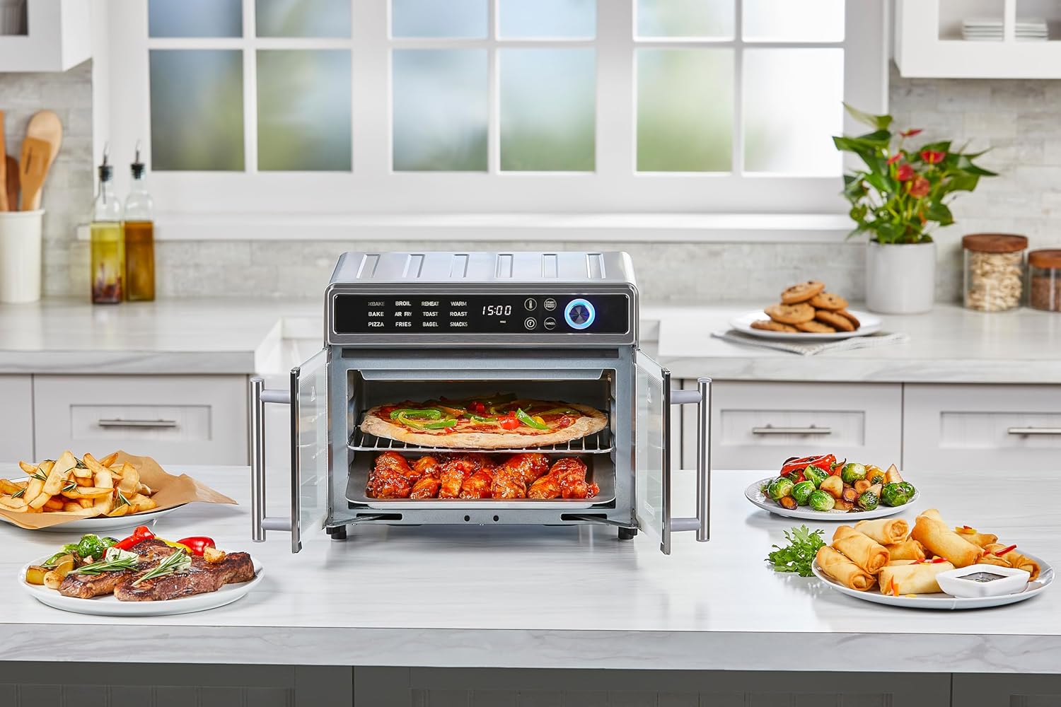 Multifunctional kitchen appliance on a kitchen counter with various food items around