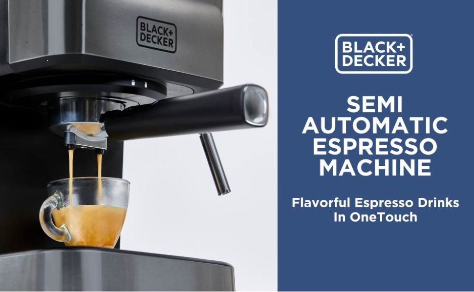 Black+Decker semi-automatic espresso machine with a cup of coffee being dispensed.