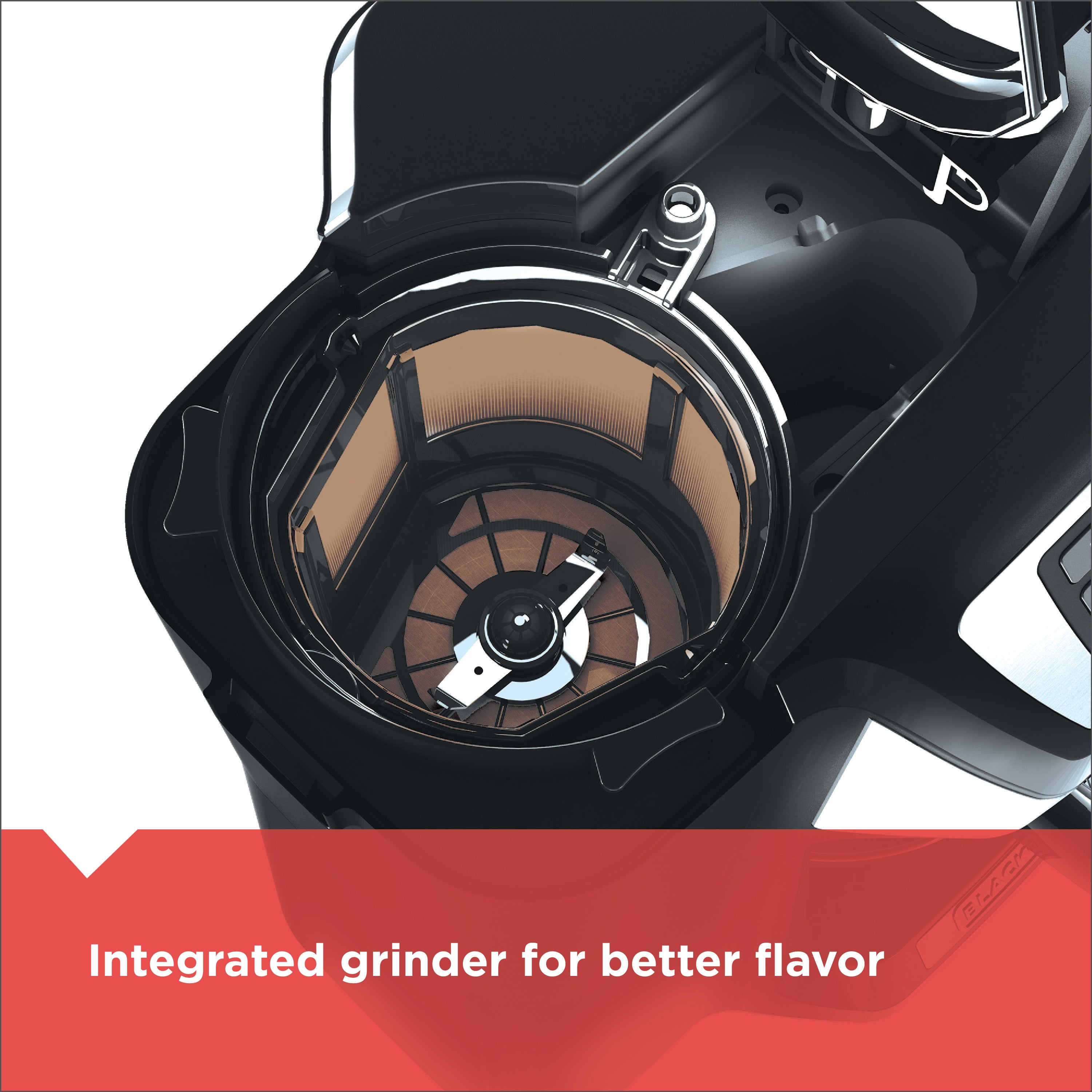 Coffee grinder with integrated grinder mechanism on a white background