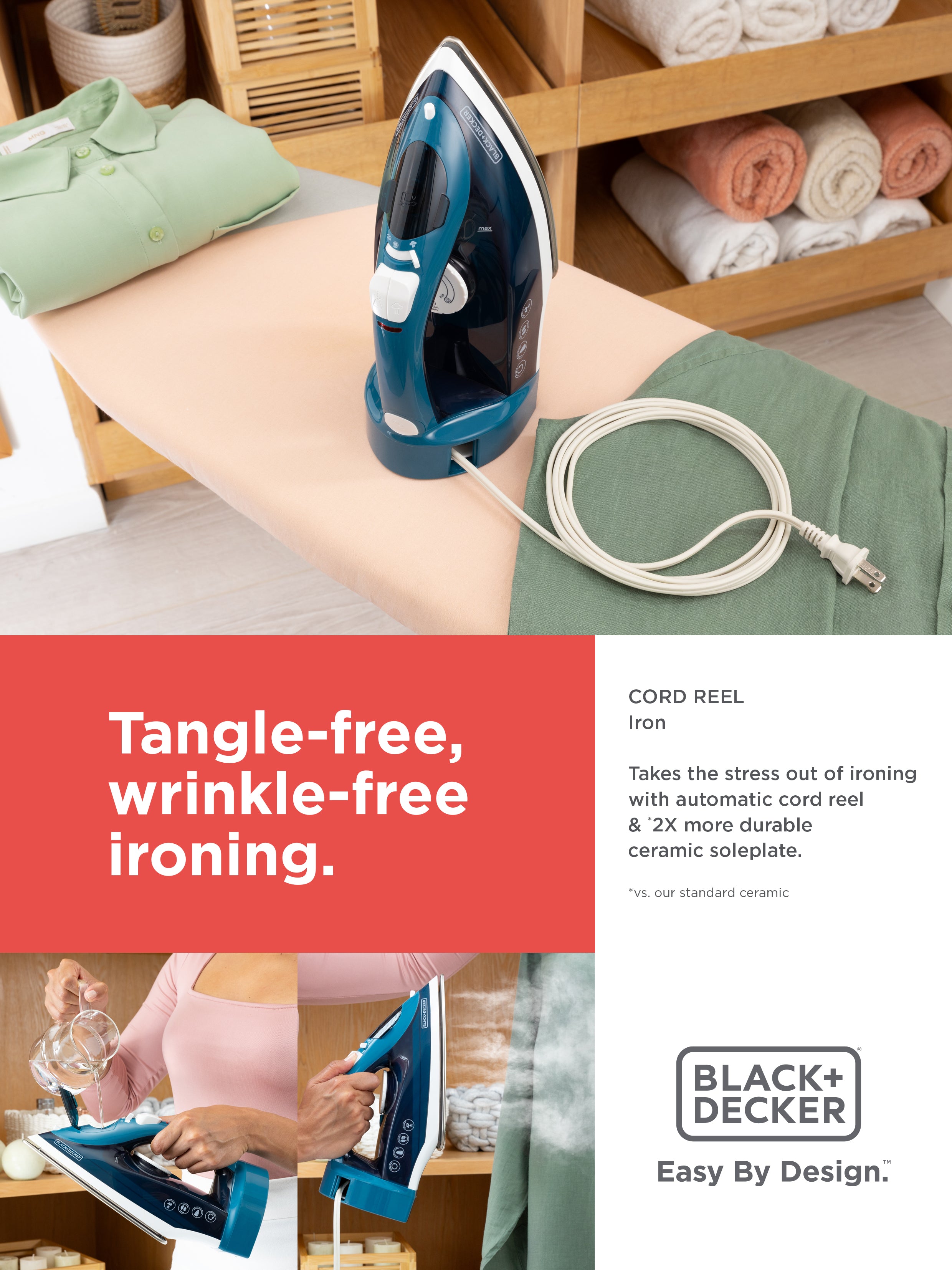 Person ironing clothes with a Black+Decker iron, emphasizing tangle-free and wrinkle-free ironing.