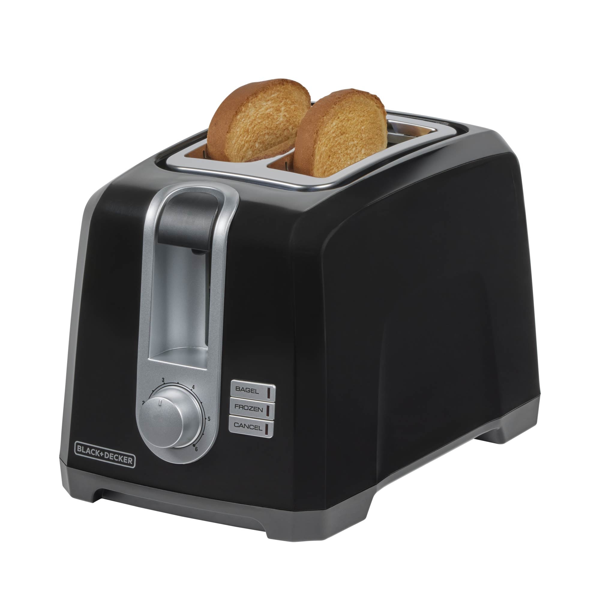 Black toaster with two slices of toast on a white background