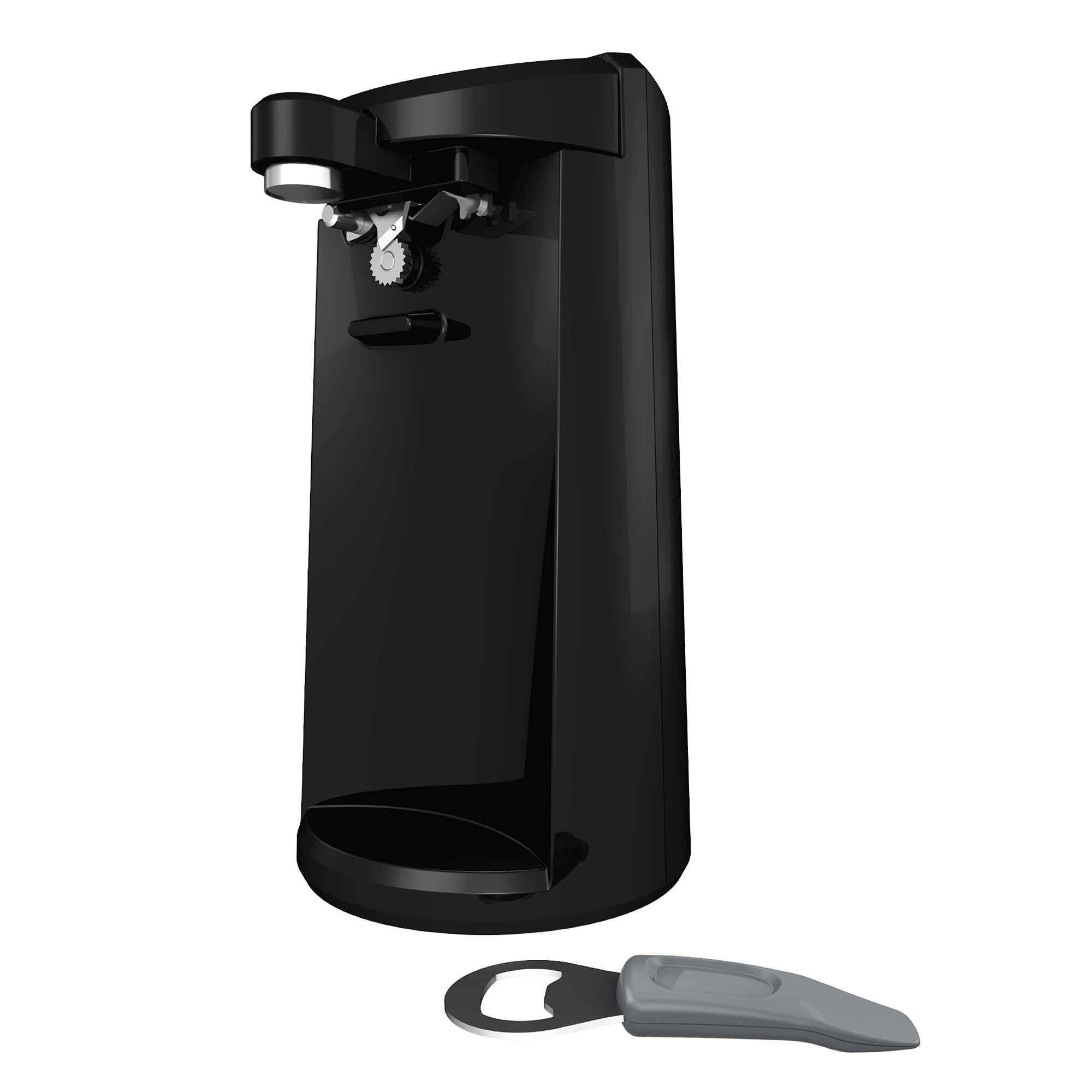 Black beer can opener with bottle opener and cap catcher on a white background