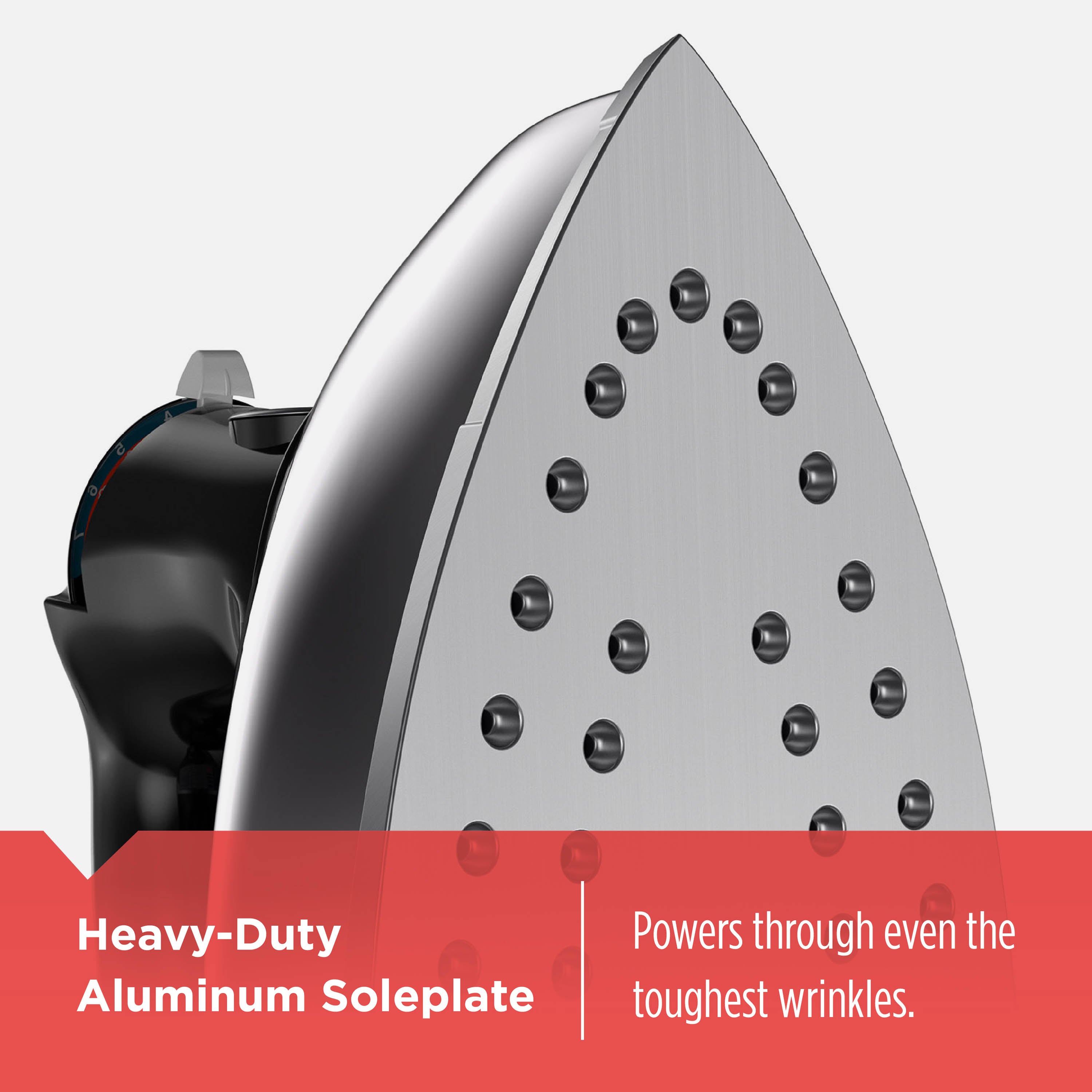 Heavy-duty iron with a focus on its soleplate, featuring text about its durability.