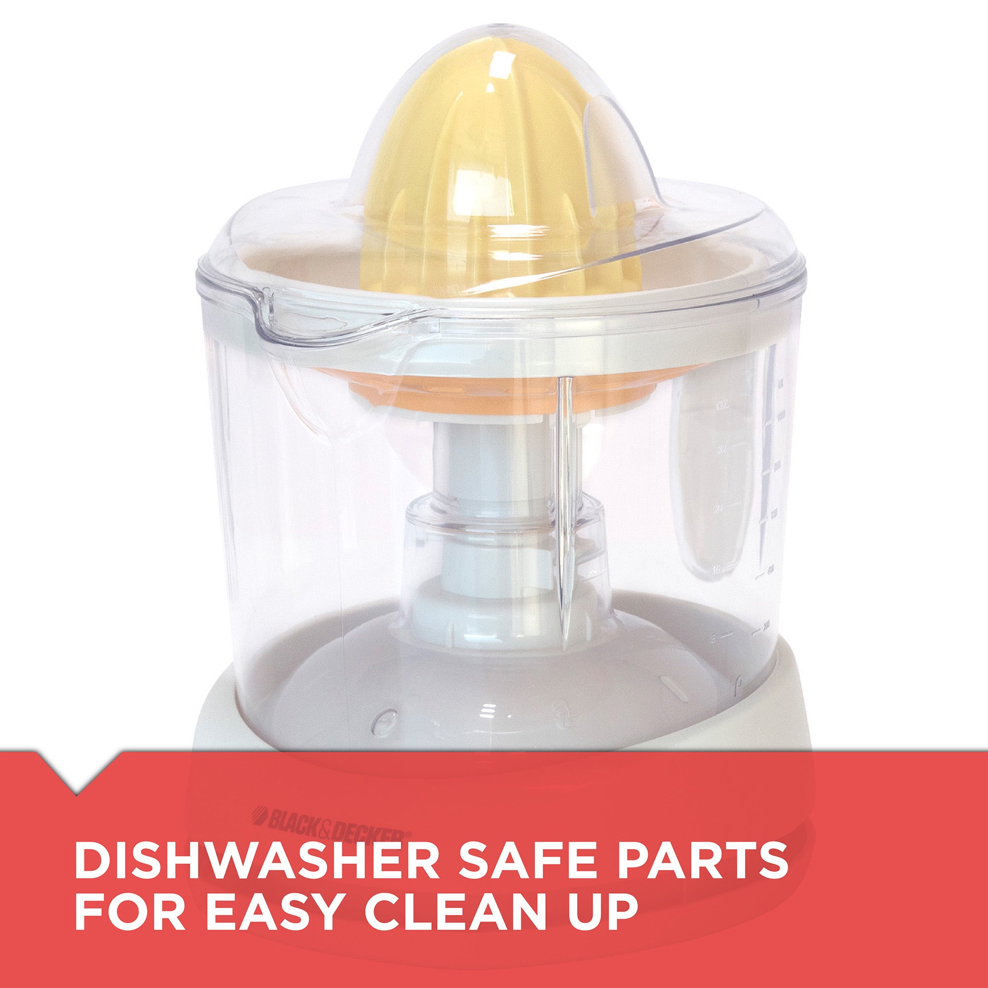 Clear plastic juicer with a yellow citrus fruit on a white background