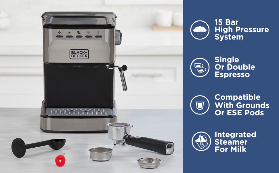 Black+Decker espresso machine with features listed on a blue background