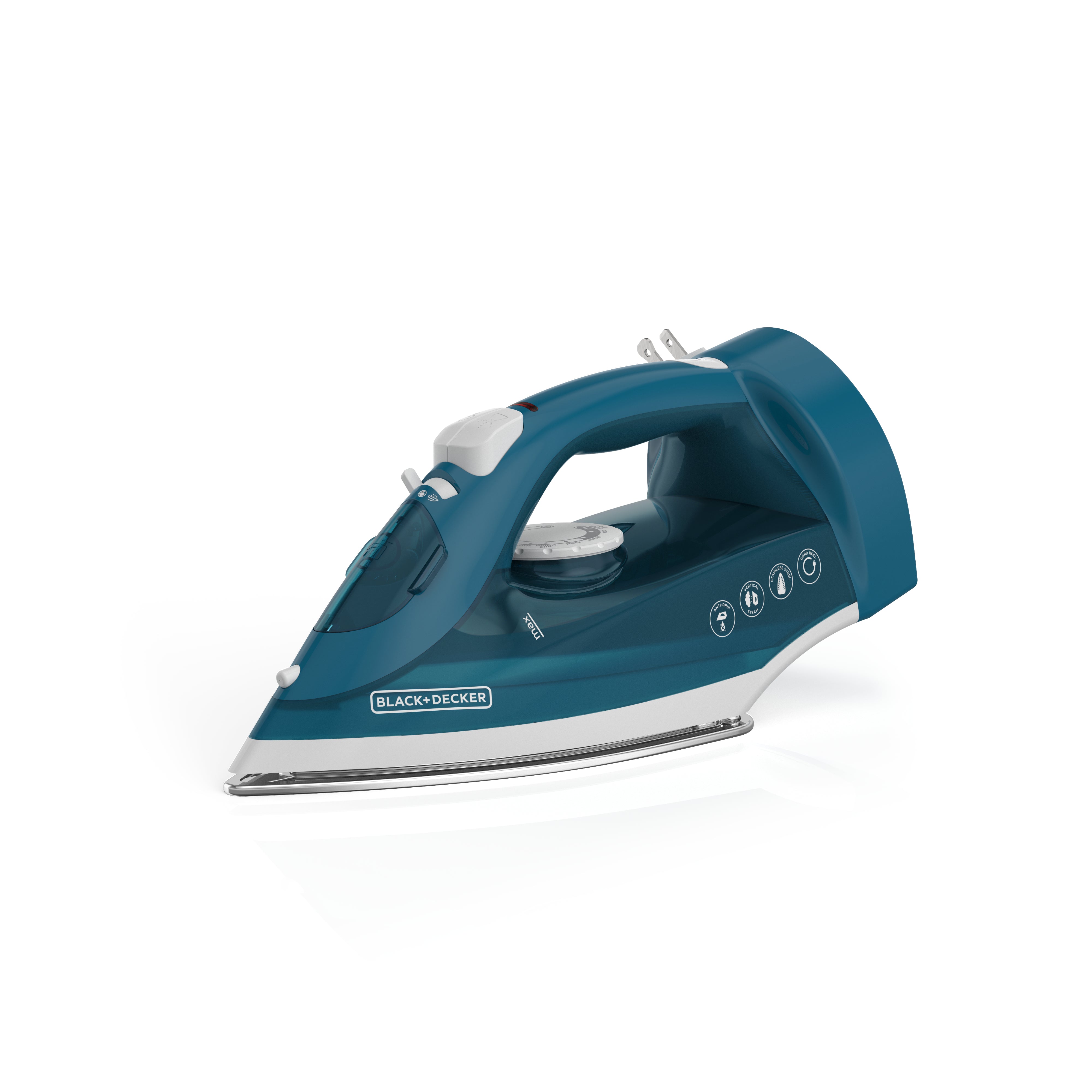 Blue and white iron with Black & Decker branding on a white background
