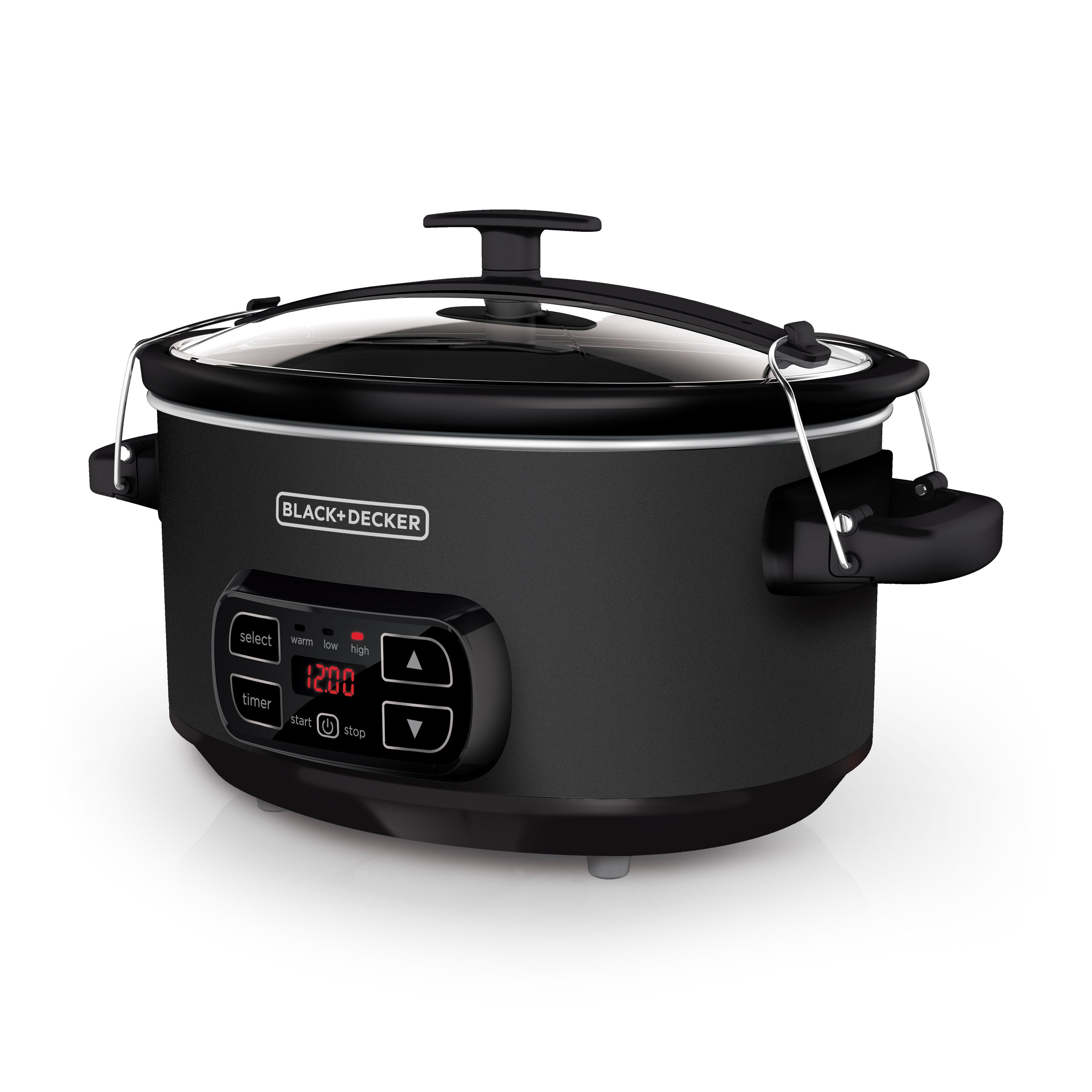 Black slow cooker with digital display on a white background
