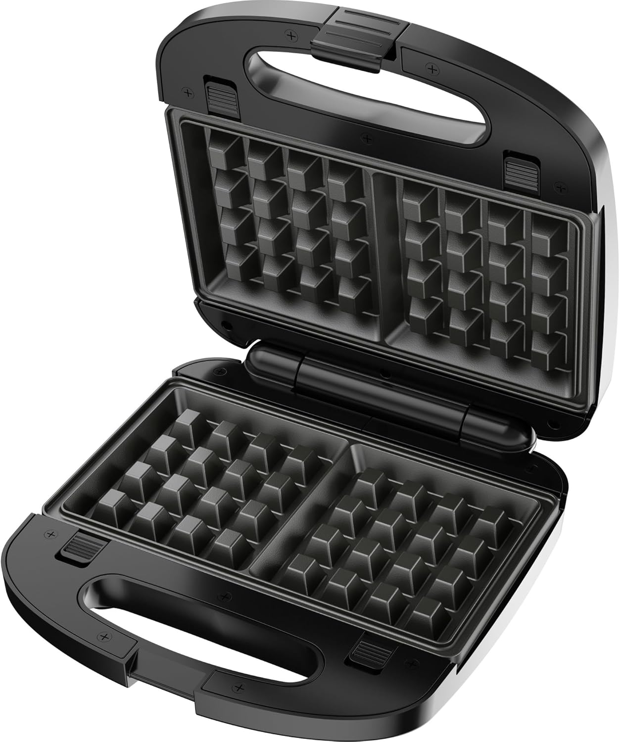 Black waffle maker with open lid on a white background