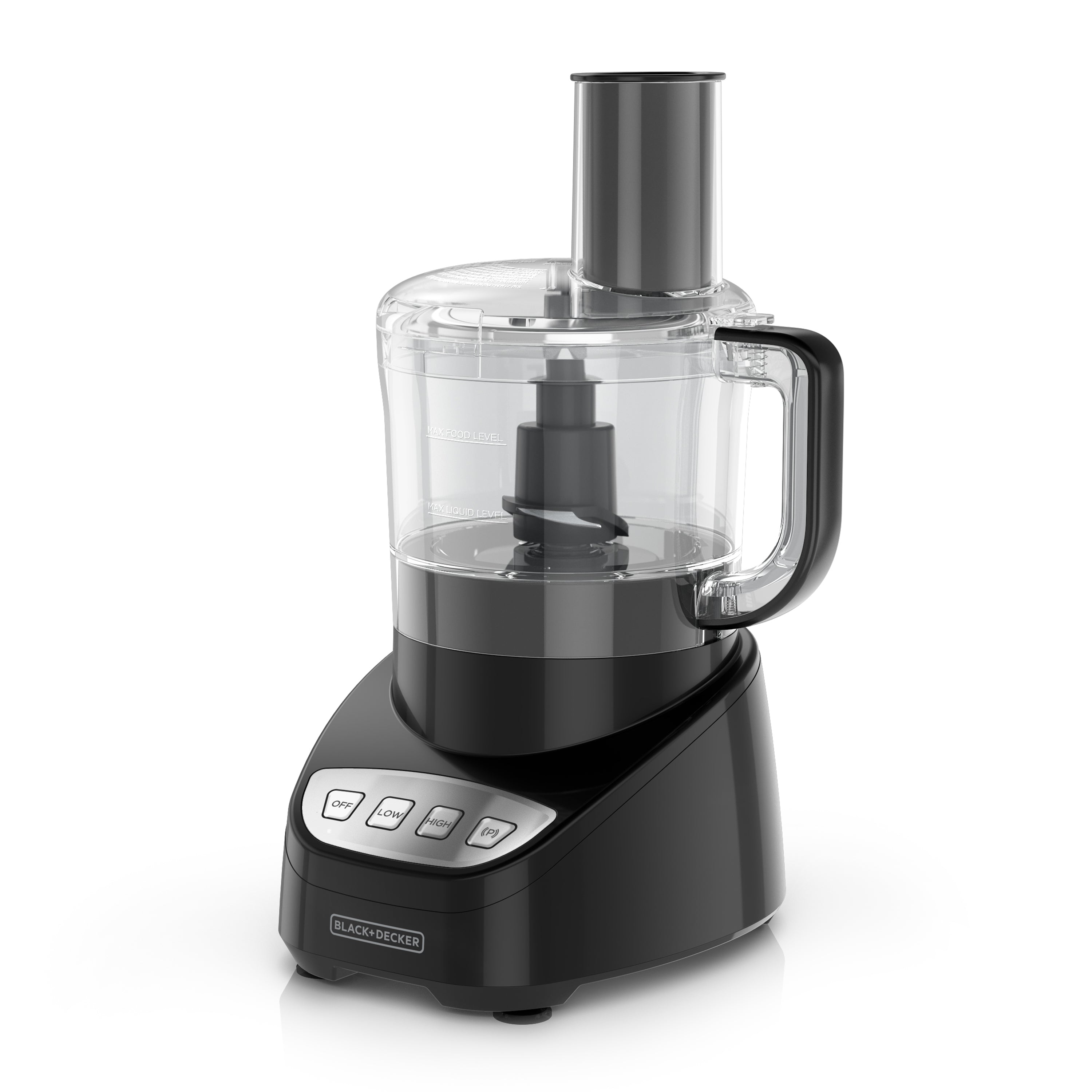 Black food processor on a white background