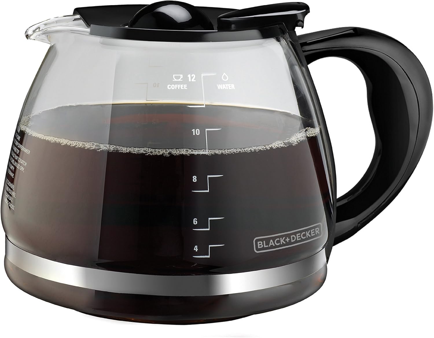 Black and clear coffee maker with visible brand logo on a white background