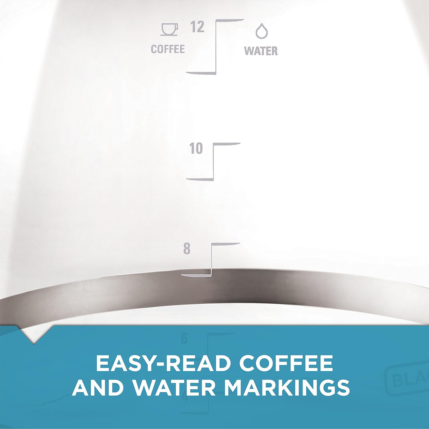 Coffee maker with easy-read coffee and water markings on a white background