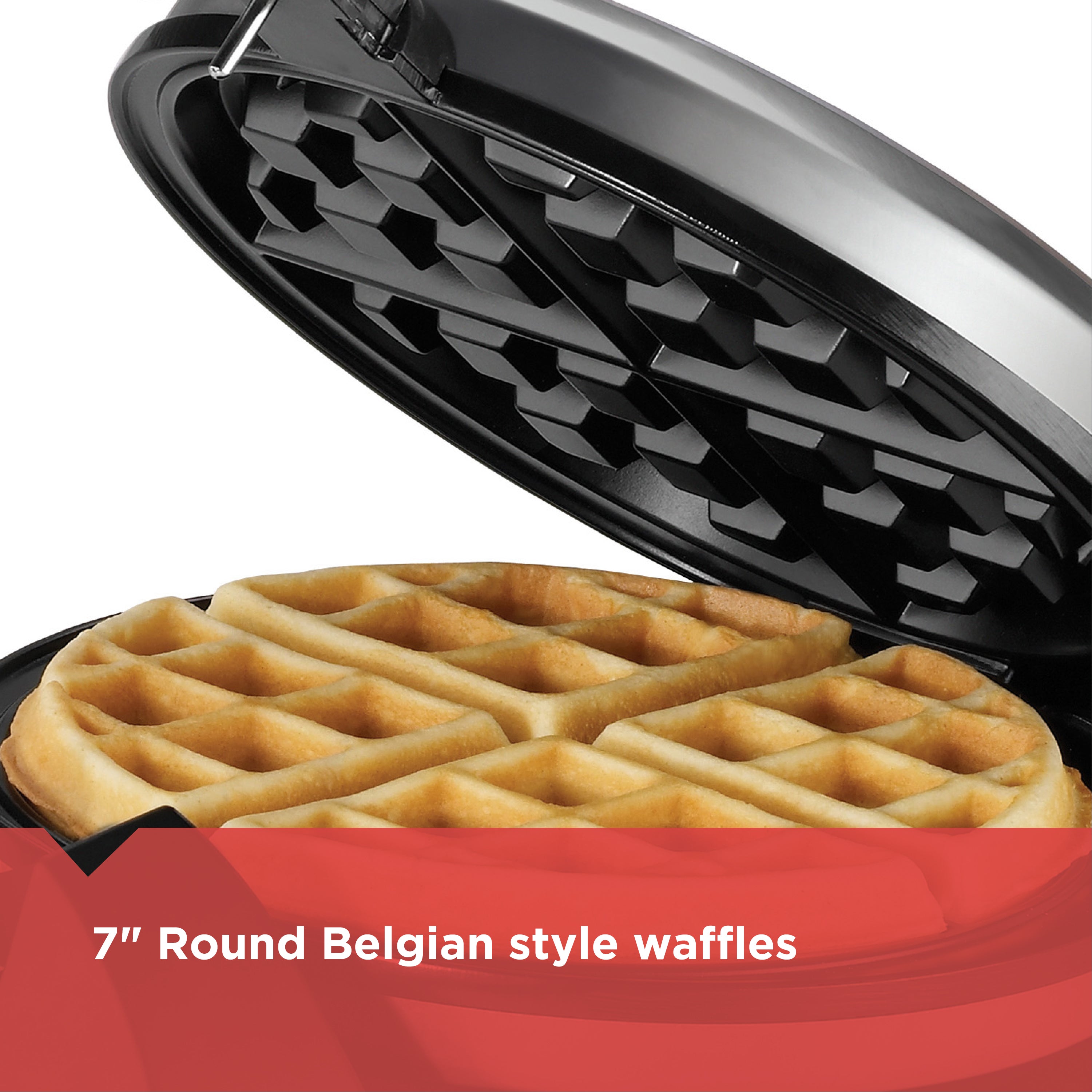 Open waffle maker with a 7-inch round Belgian-style waffle inside, on a white background.
