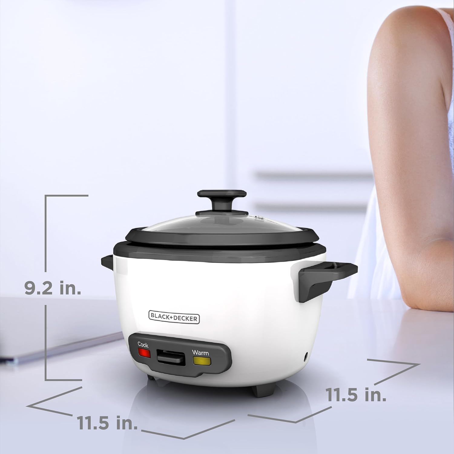 White rice cooker with dimensions labeled on a light background