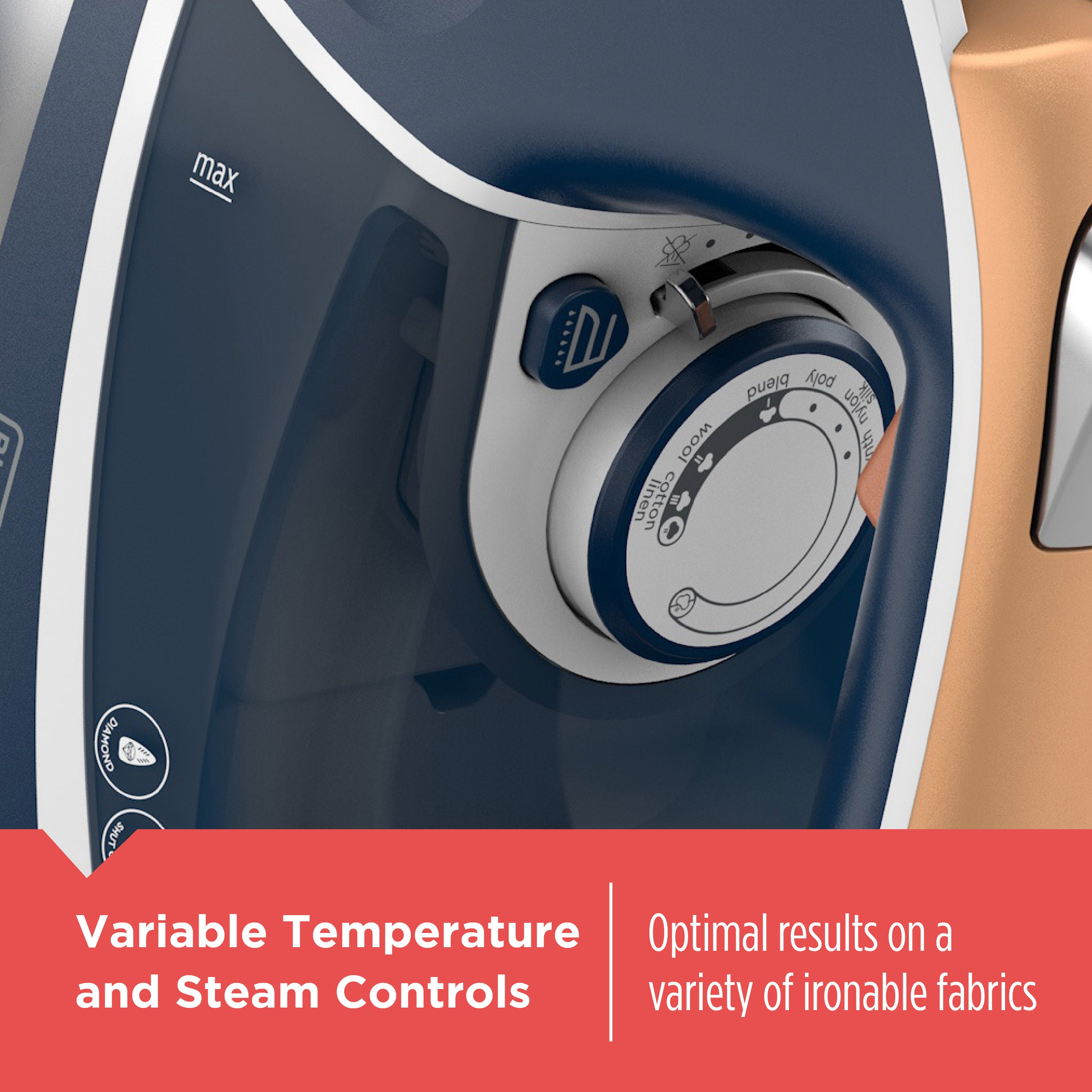 Close-up of an iron with temperature and steam control settings on a red background