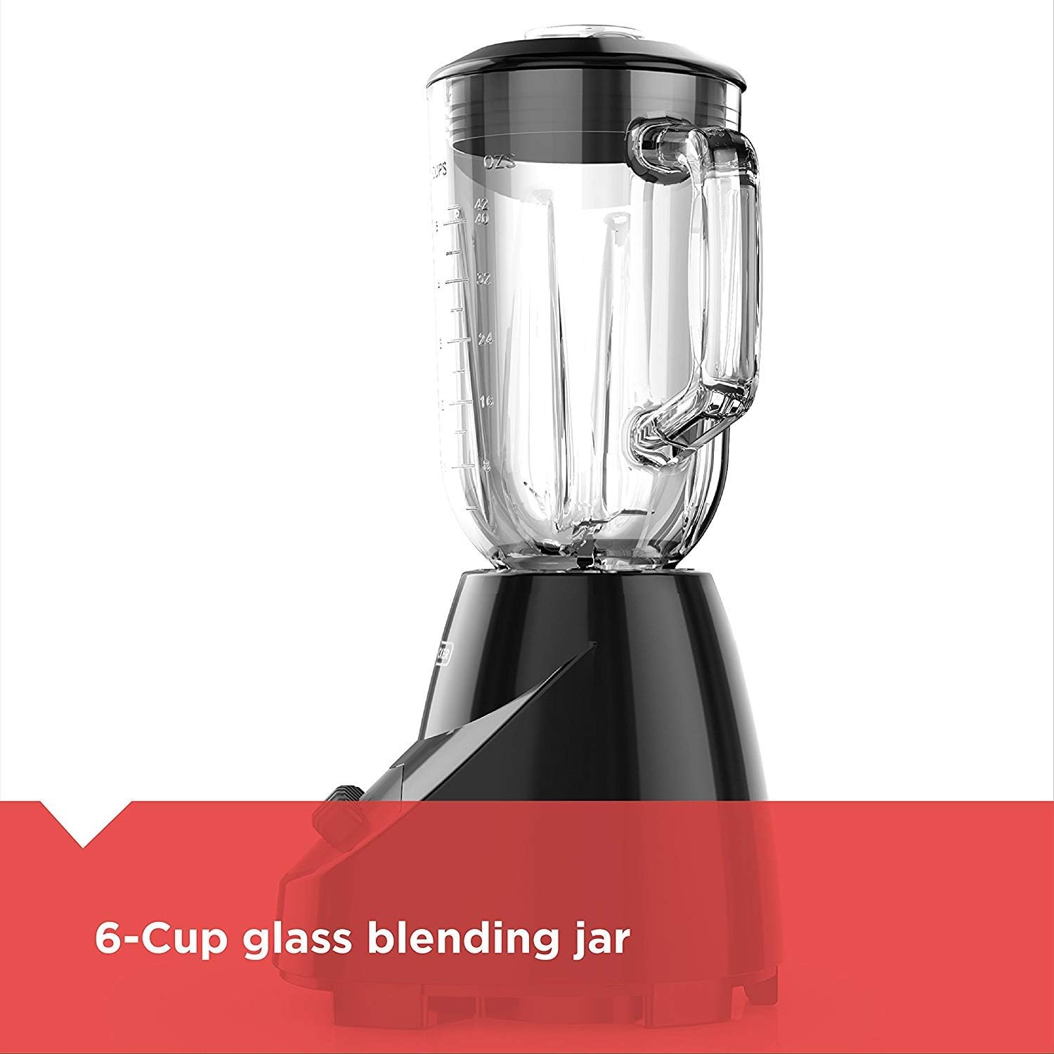 Black blender with a clear glass blending jar on a white background
