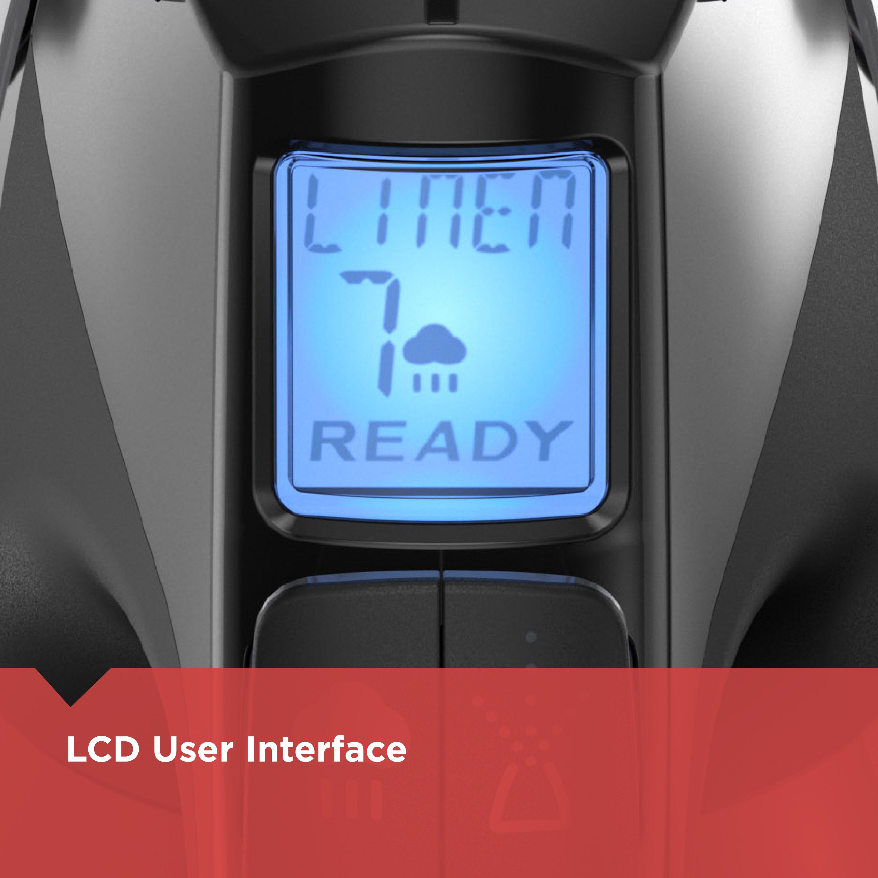 Close-up of an LCD user interface on a machine with 'Linen' and 'Ready' text.