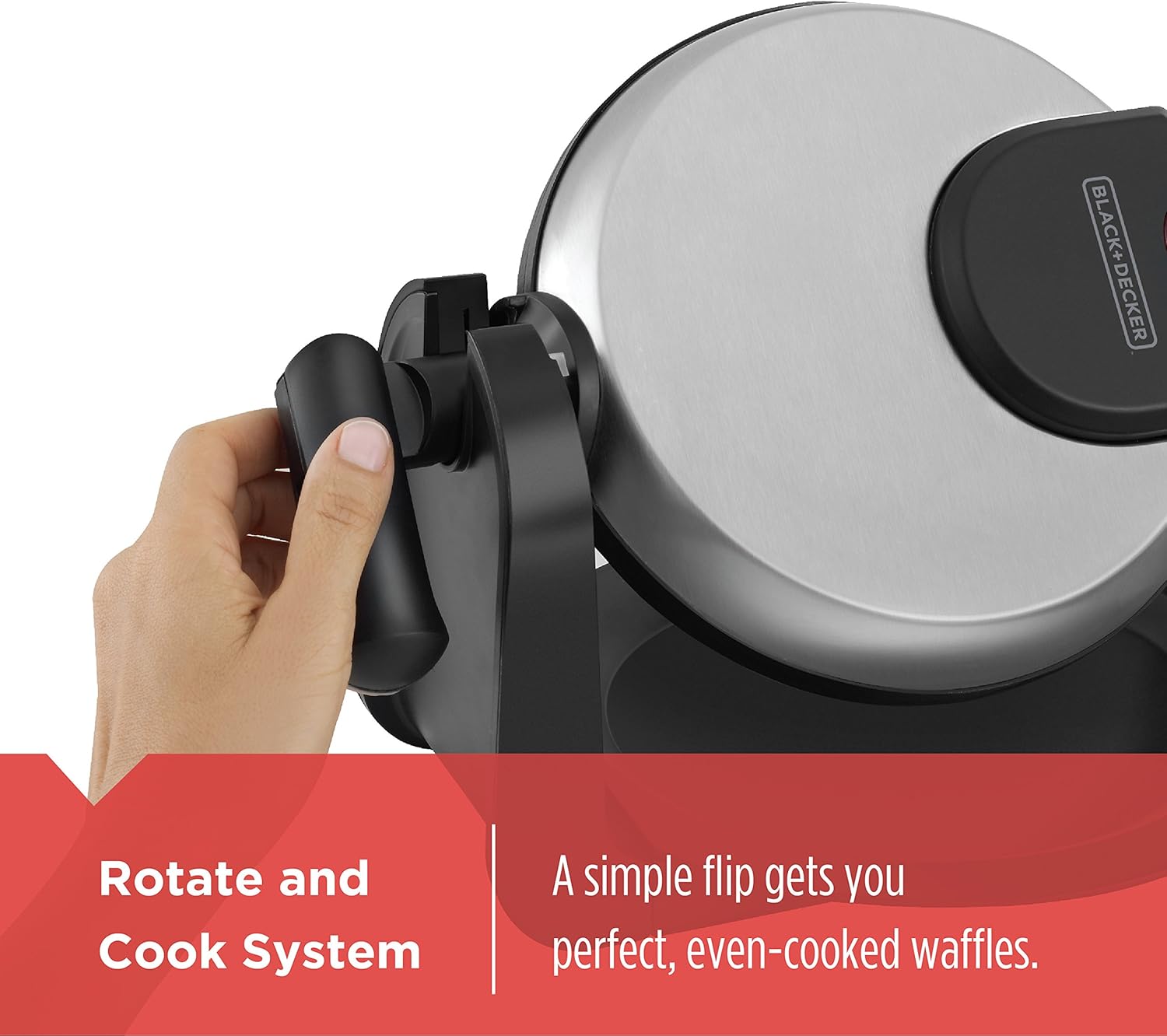Hand using a waffle maker with text about a rotate and cook system on a white background.