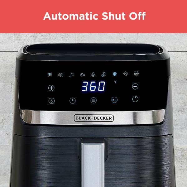 Black and Decker air fryer with digital display on a gray background