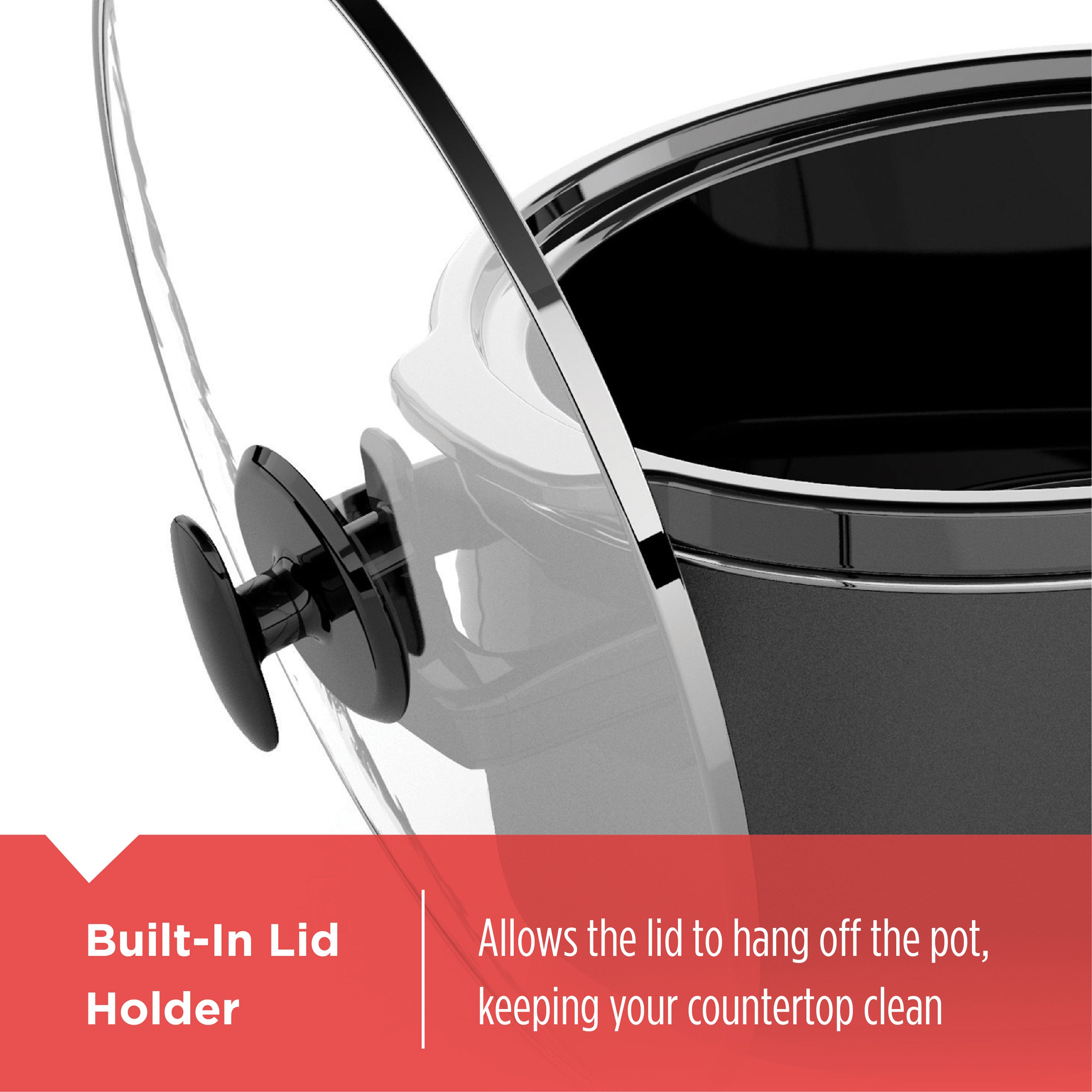 Black pot with a built-in lid holder on a white background